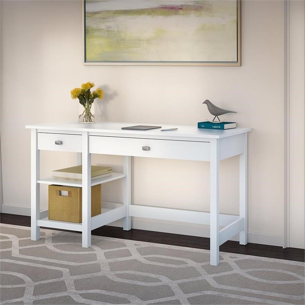Atlin Designs Pure White Computer Desk with Shelves - Modern Home Office & Study Workstation for Small Spaces