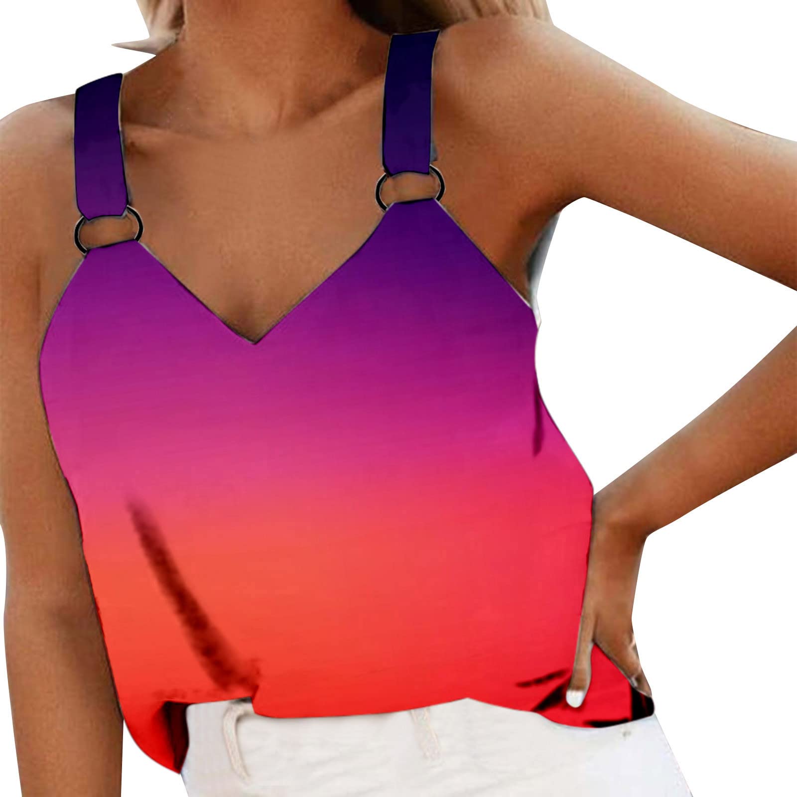 Plus Size Women's V Neck Sleeveless Cami Top - Summer Casual Printed Tank for Outfits