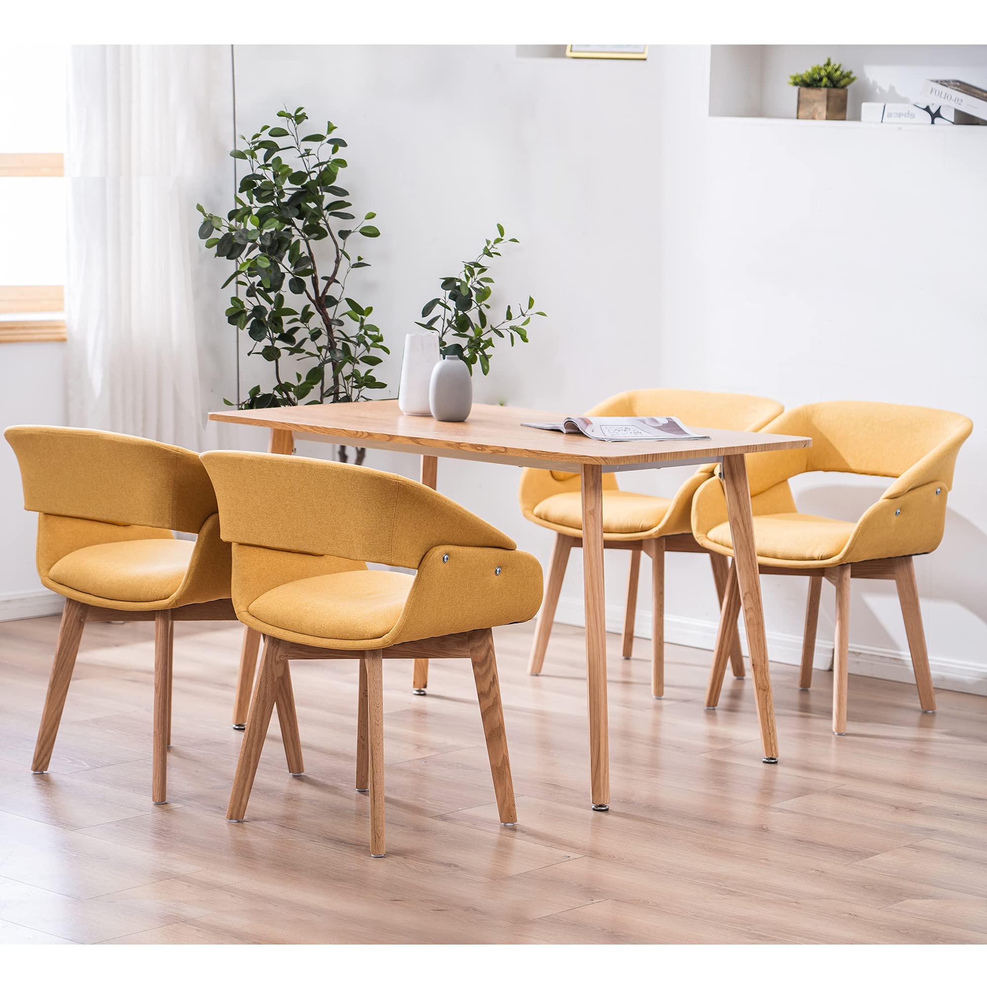 ivinta Mid-Century Modern Dining Chairs Set of 2 - Upholstered Accent Armchairs with Solid Wood Legs & Linen Fabric - Yellow Club Chairs with Cushions - Perfect for Dining Room, Living Room & Guest Seating