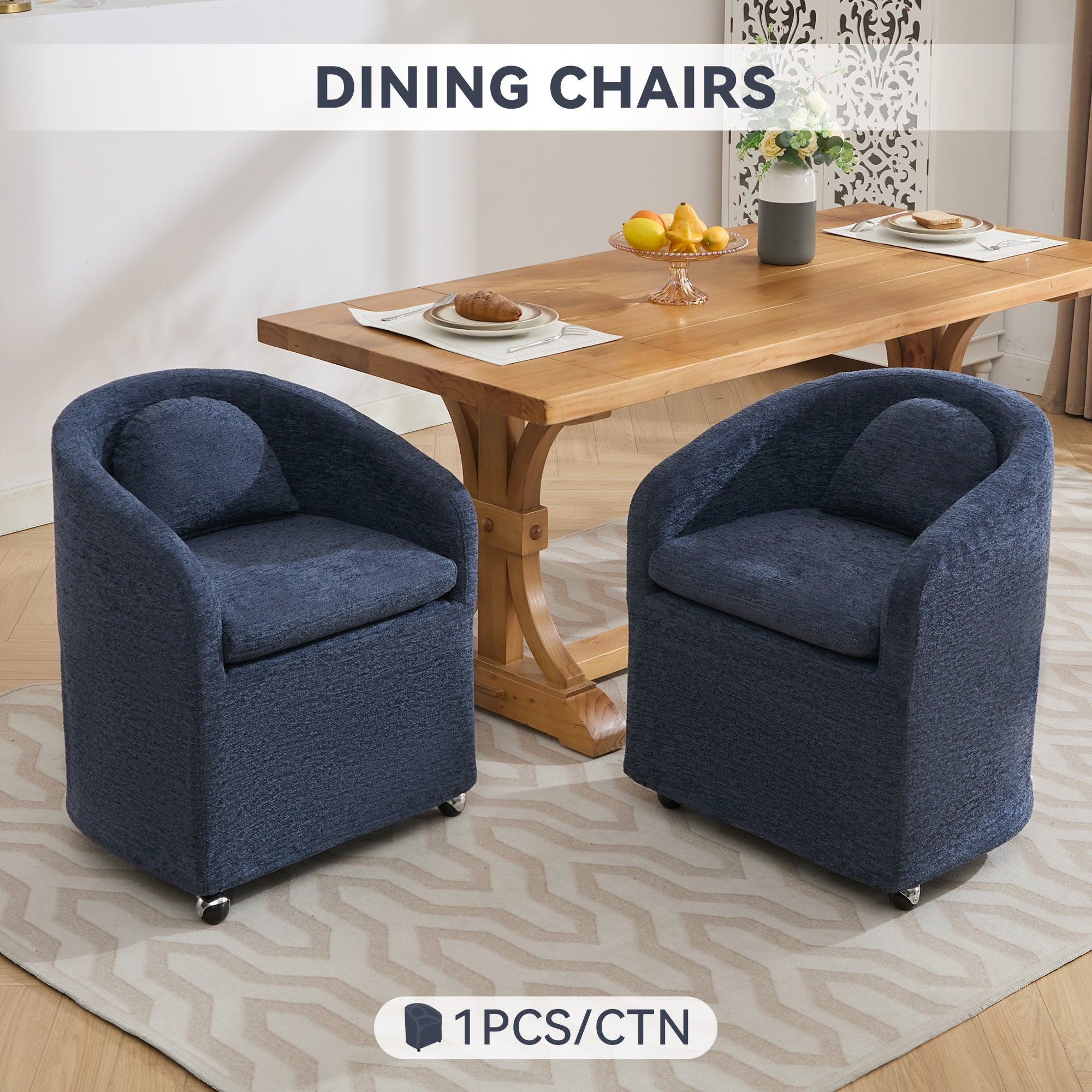 Blue Chenille Fabric Dining Armchair with Back Cushion & Universal Wheels - 1-Piece Set for Home, Office or Restaurant Use