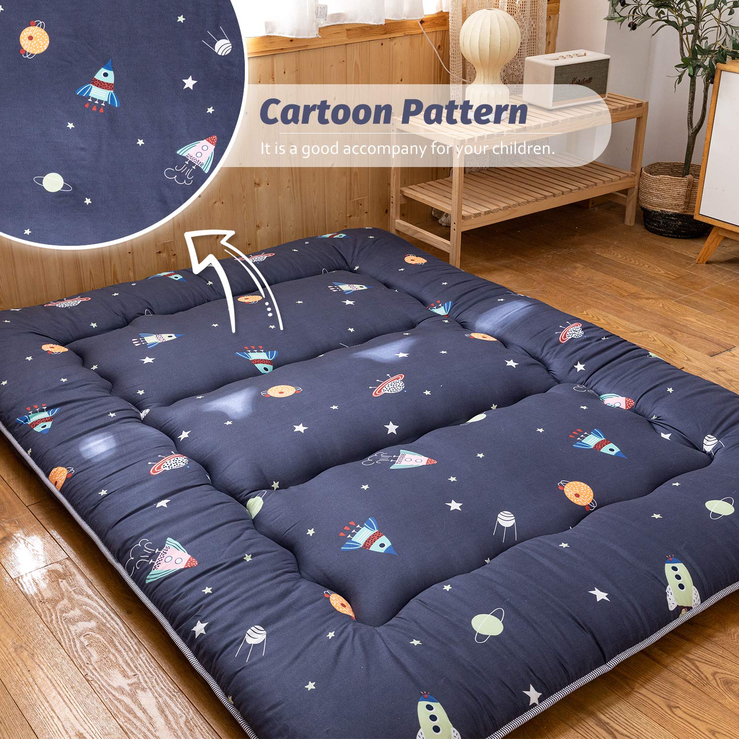 YOSHOOT Navy Blue Japanese Thick Foldable Futon Floor Mattress for Adults - Full Size Space Saving Floor Bed with Canvas Storage Bag - Perfect for Camping, Guest Beds & Small Apartments