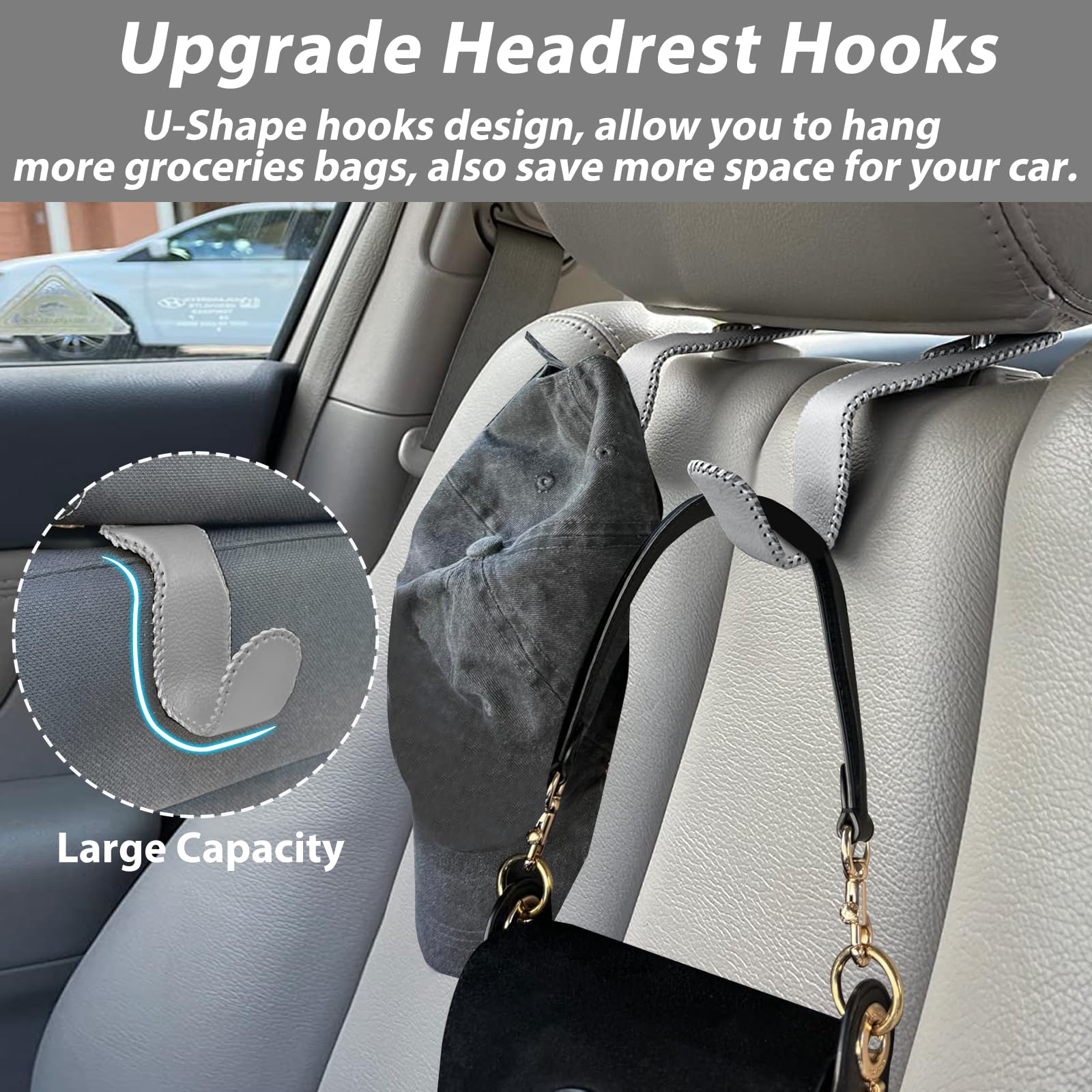 2 Pack Car Purse Hook & Headrest Hanger - Durable Grey Seat Hook Holder for Purses, Bags & Groceries - Perfect Car Accessories for Organization & Shopping Trips