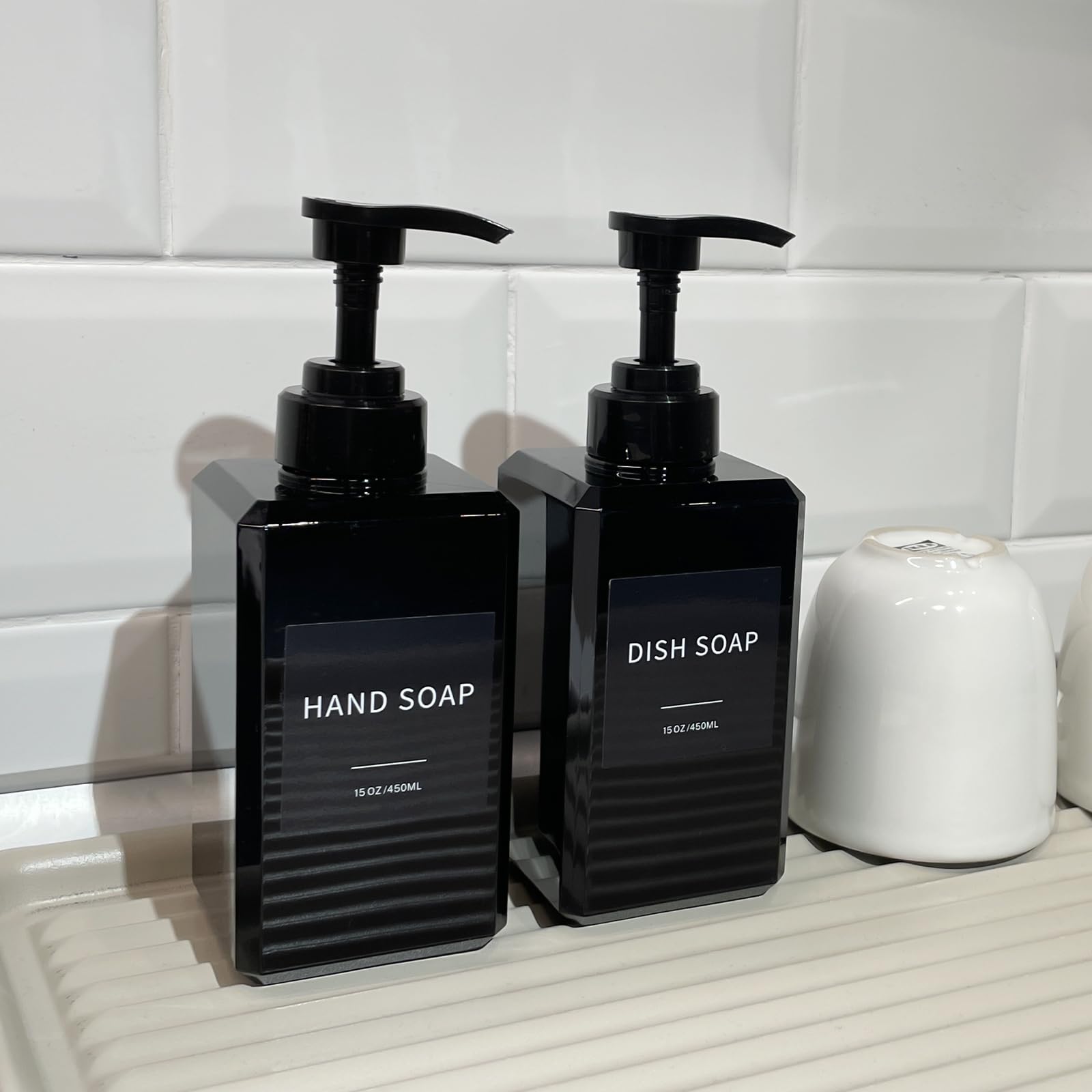 Black Soap Dispenser with Waterproof Labels - 15oz Thickened Plastic Hand Soap Dispenser for Bathroom, Kitchen, Dish Washing Liquid, Shampoo & Conditioner Bottles (2-Pack) - Perfect for Home, Office & Commercial Use
