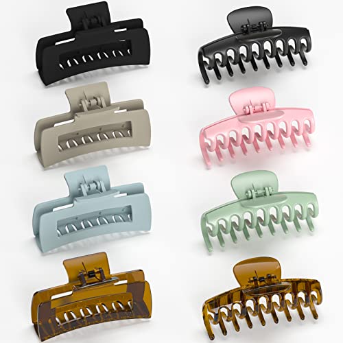 8 Colors Large Hair Claw Clips for Women - Strong Hold Hair Clips for Thick, Thin & Long Hair - 4 Square Matte & 4 Acrylic Hair Clamps - Perfect for School, Work, Gym & Everyday Styling