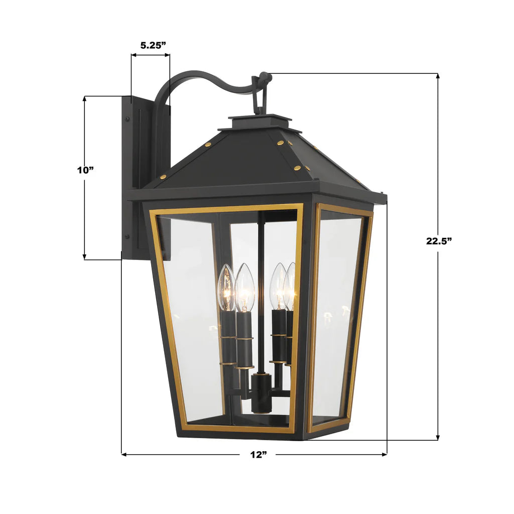 Hawkins 4-Light Outdoor Wall Sconce - 12x22.5 Inch Matte Black Stainless Steel with Textured Gold Finish & Glass Shade - 120V E12 Candelabra Base LED Bulb Compatible - Perfect for Patio, Garden, Porch, Exterior Walls & Entryway Lighting