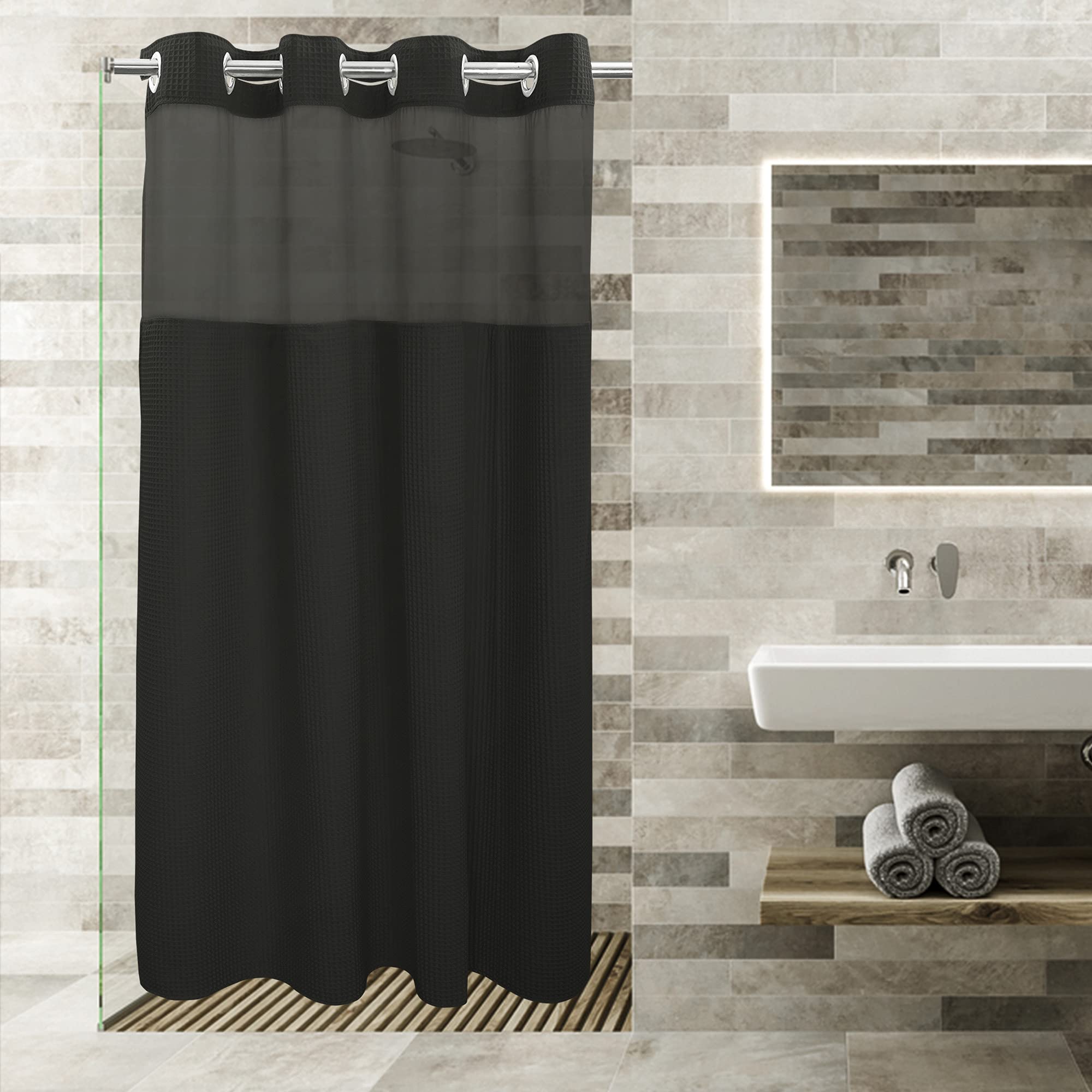 River Dream Black Fabric Shower Curtain Set - Cotton Blend Waffle Weave with Snap-in Replacement Liner (54x80 Inches) - Waterproof Bathroom Decor for Modern Homes & Hotels
