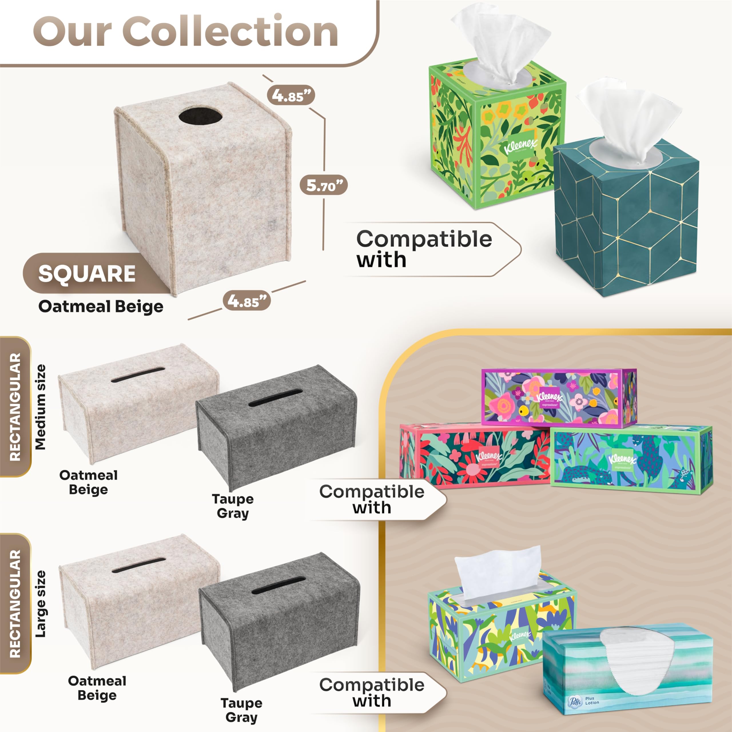 2 Pack Decorative Felt Tissue Box Cover - Modern Square Oatmeal Tissue Box Holder for Living Room, Bedroom & Bathroom Organization