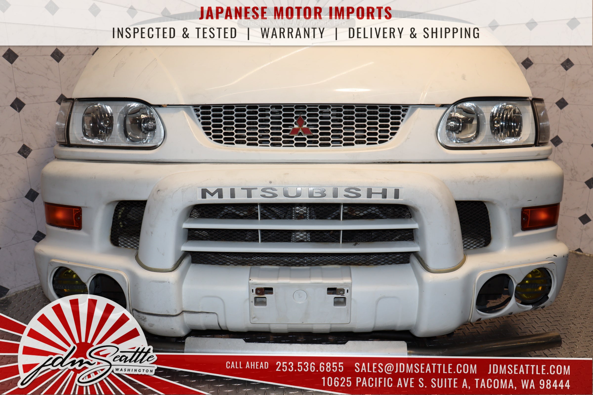 1997-2007 Mitsubishi Delica Front End Kit - Complete Nose Cut with Hood, Bumper & Headlights (White) | JDM Parts Replacement for Off-Road Adventures & Restoration Projects