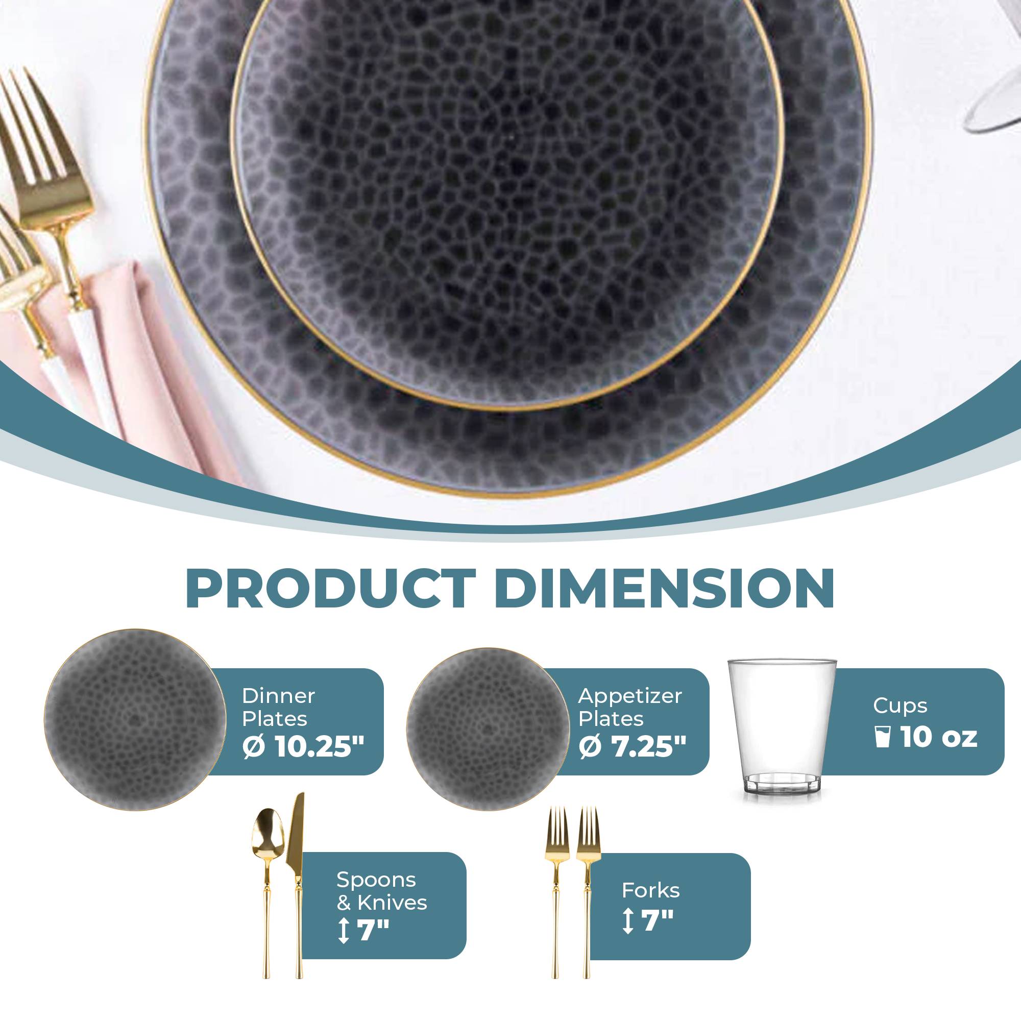 Transparent Black & Gold Plastic Party Bundle - Organic Hammered Disposable Tableware Set for Birthday, Wedding & Holiday Celebrations