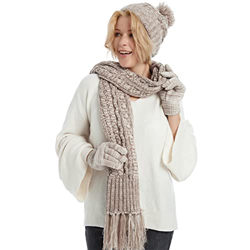 Cozy Fleece Lined Cable Knit Beanie Hat, Scarf & Gloves Set for Women & Men - Winter Warm Accessories for Skiing, Snowboarding & Outdoor Activities