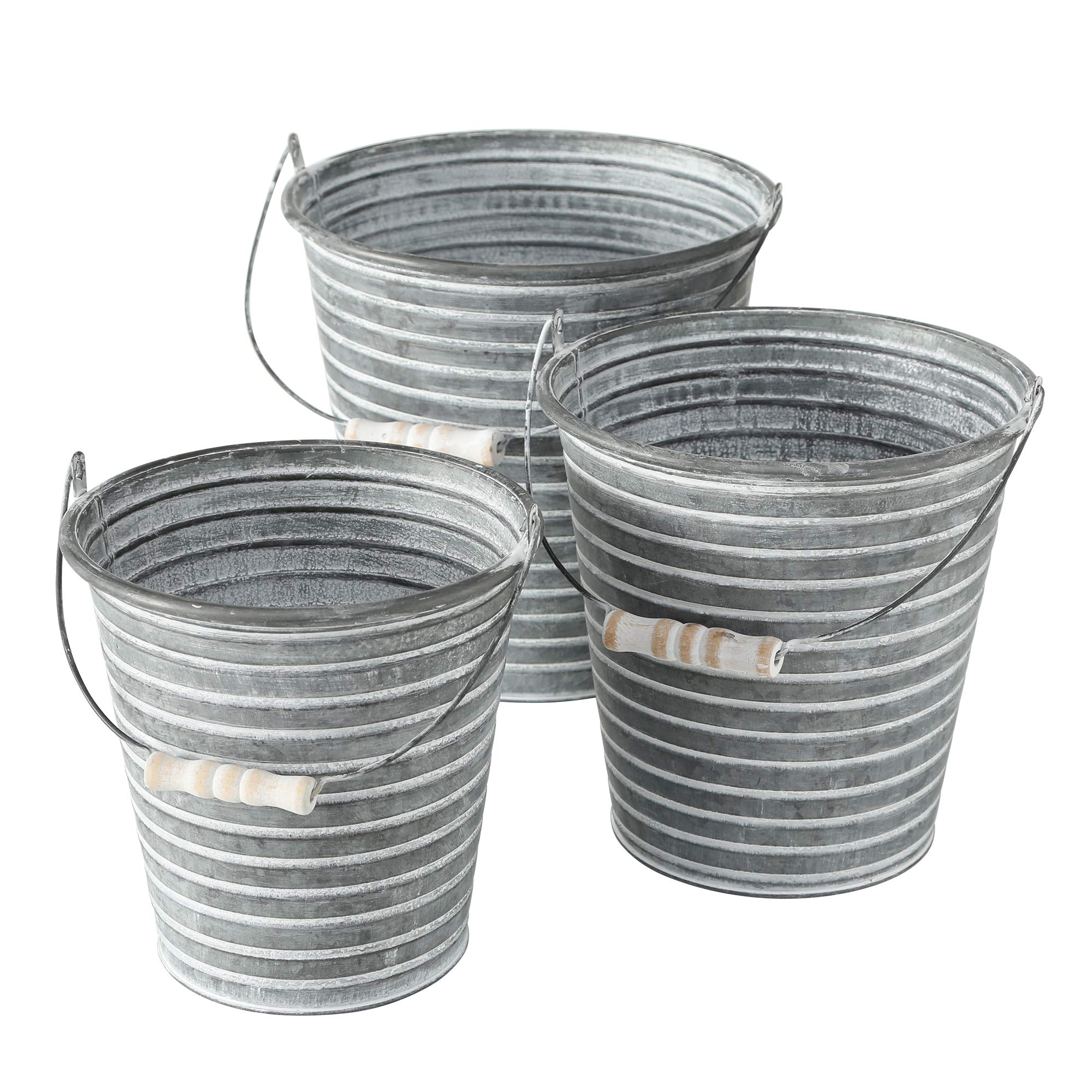 WHW Whole House Worlds Corrugated Galvanized Metal Pail Planters - Set of 3 (10.5