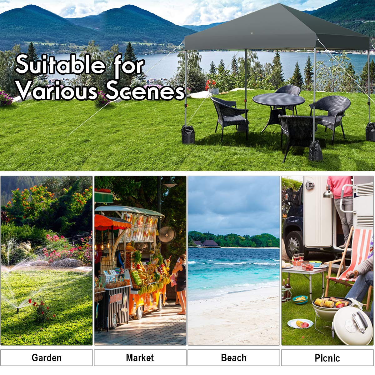 Tangkula 8x8 Ft Pop Up Canopy Tent - Portable Instant Shelter with Wheeled Carry Bag, 4 Sand Bags & 8 Stakes - Waterproof Outdoor Shade for Camping, Beach Parties, Backyard BBQs (Gray)