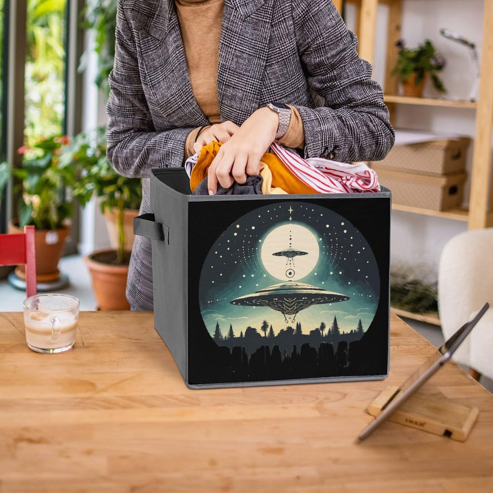 Alien Print Foldable Storage Cubes - 6 Pack Collapsible Fabric Bins with Handles for Closet, Nursery, Office & Home Organization | Space Saving Storage Baskets