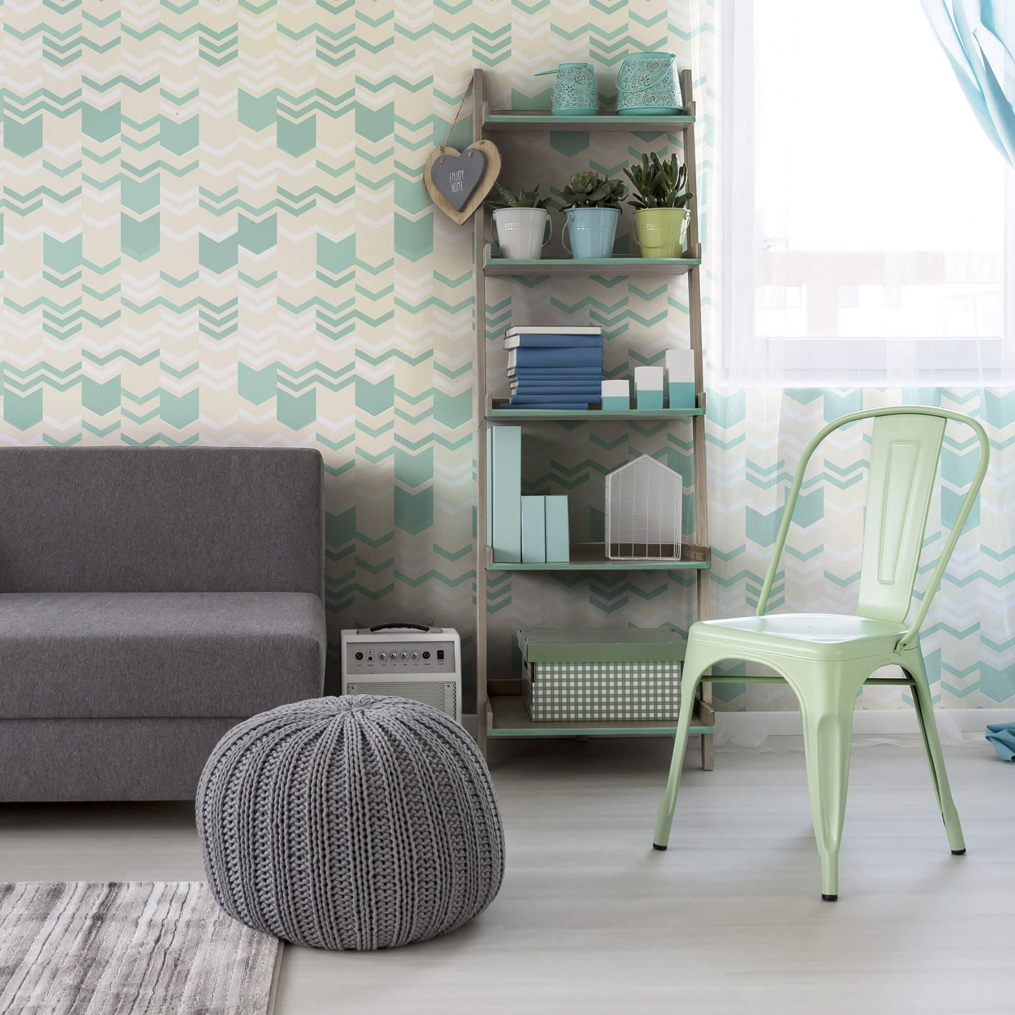 Teal and Beige Chevron Geometric Peel and Stick Removable Wallpaper - Self-Adhesive Decorative Wall Covering for Bedroom, Living Room, and Office Decor