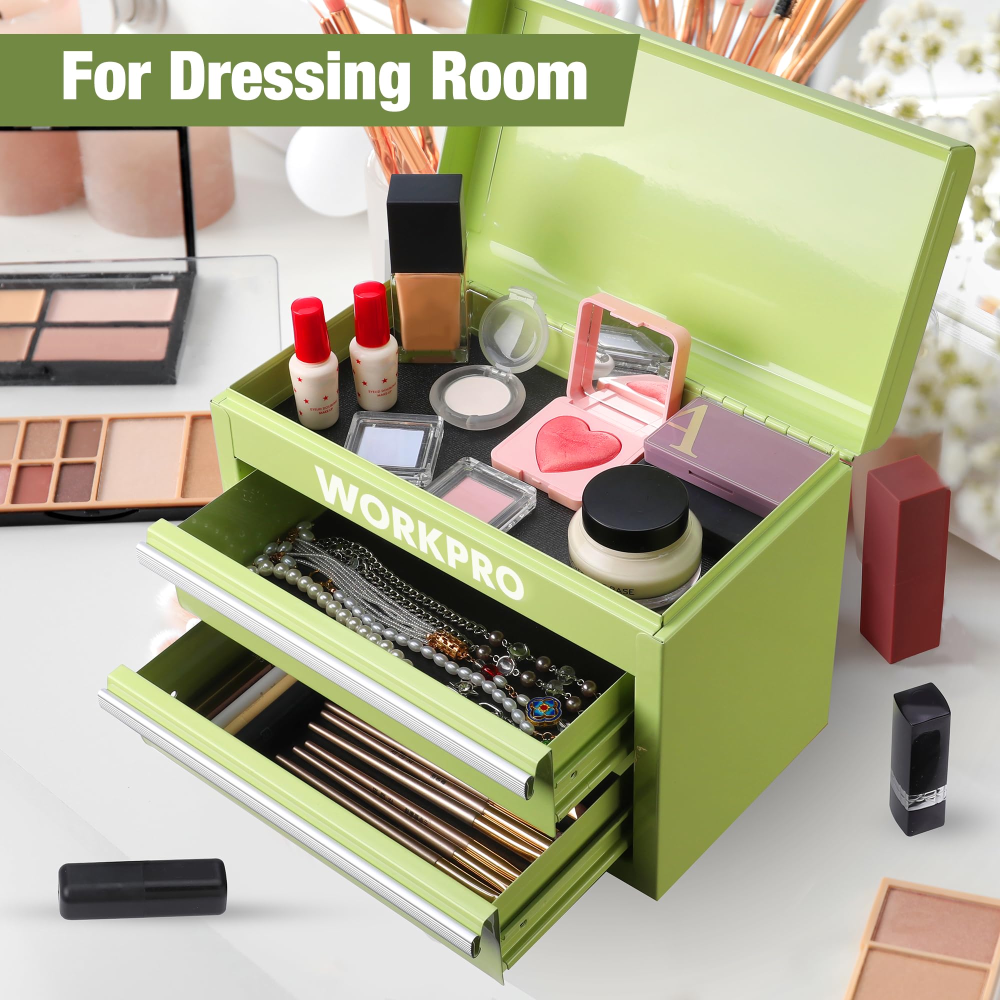 WORKPRO Mini Metal Tool Box with 2 Drawers & Top Storage - Small Steel Tool Chest with PVC Liners, PP Feet Pads & Magnetic Tab - Durable Cold Rolled Steel Toolbox for Home Garage, Workshop & DIY Projects