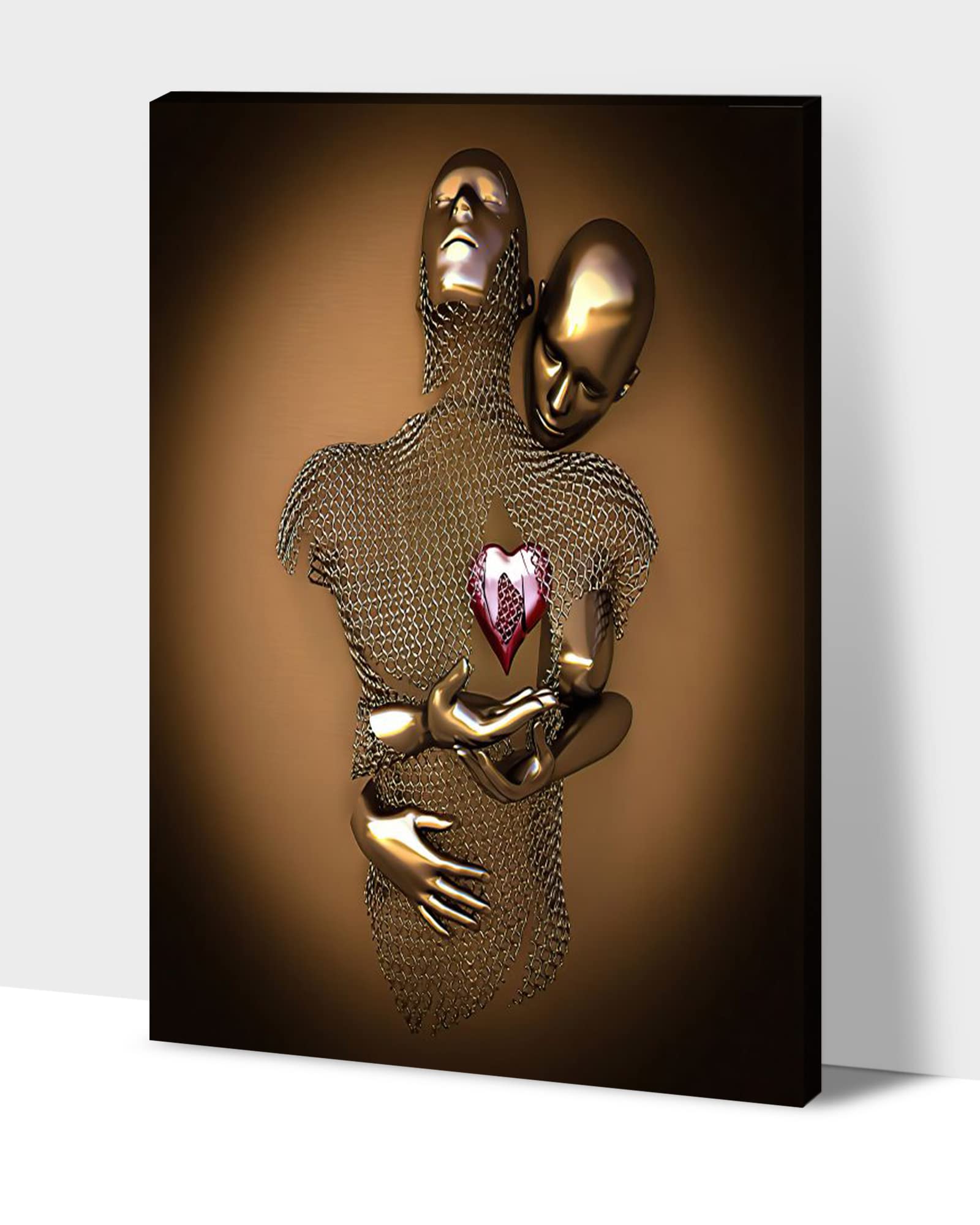 3D Metal Effect Love Heart Gray Gold Canvas Wall Art - Romantic Hugging Couple Painting for Bedroom & Living Room Decor - Valentine's Day Gift for Couples (32x48 Inches) - Perfect for Anniversary, Wedding & Home Interior Design