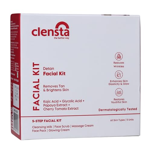 Clensta DETAN Facial Kit for Women & Men - Kojic Acid & Papaya Extract Tan Removal, Skin Brightening for All Skin Types | 10 X 5gm Kit with Cleansing Milk, Face Scrub, Massage Cream, Face Mask & Glowing Cream | Perfect for Daily Skincare Routine & Post-Sun Care