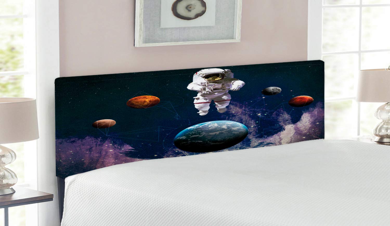 Ambesonne Outer Space Headboard - Astronaut & Planets Themed Upholstered Metal Bed Headboard with Memory Foam, Queen Size, Multicolor | Perfect for Kids' Room, Space-Themed Bedroom & Sci-Fi Decor