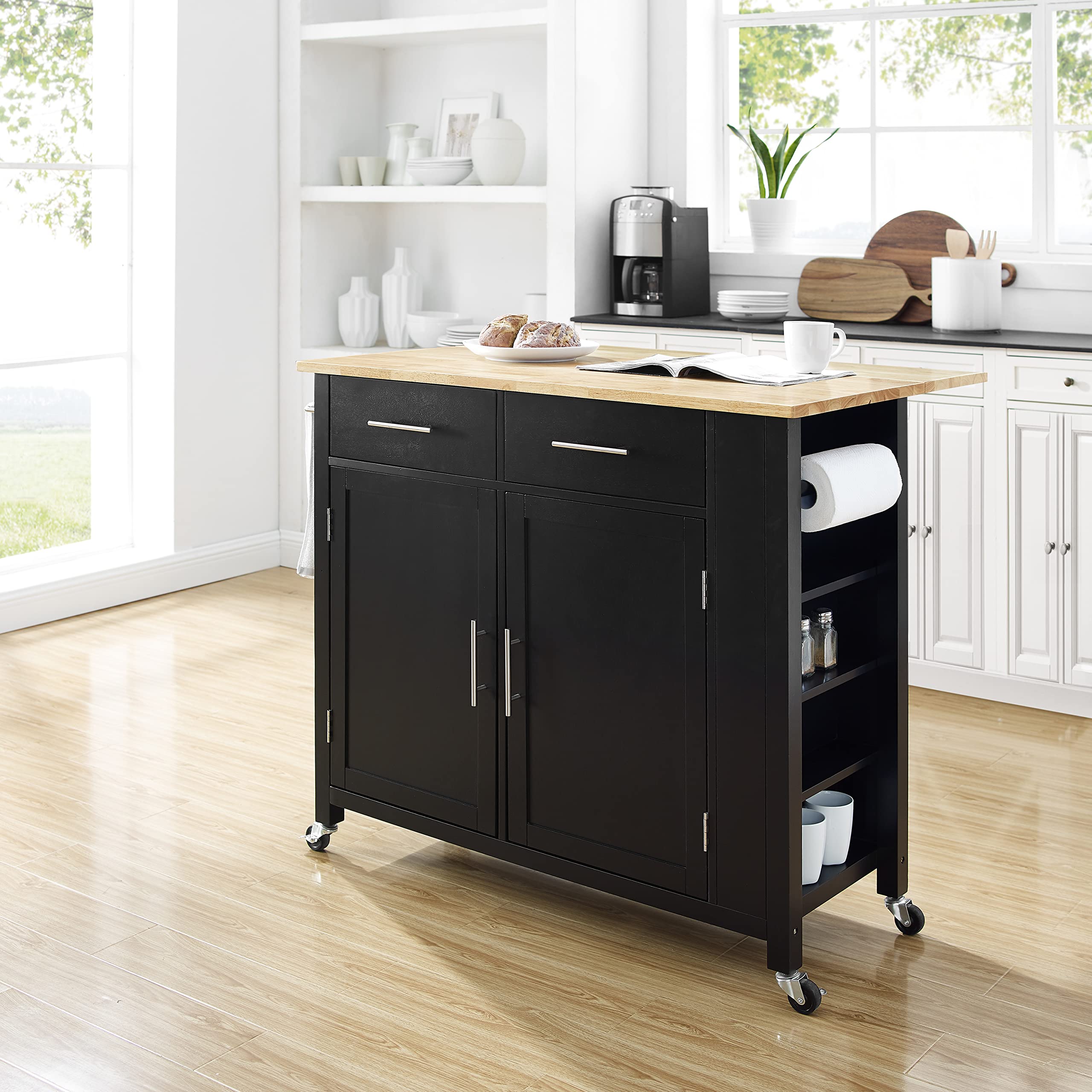 Crosley Savannah Drop Leaf Kitchen Island Cart with Wood Top, Spice Rack & Shelves - Black | Rolling Kitchen Cart for Small Spaces, Breakfast Nook & Apartment Living | Perfect for Storage & Food Prep