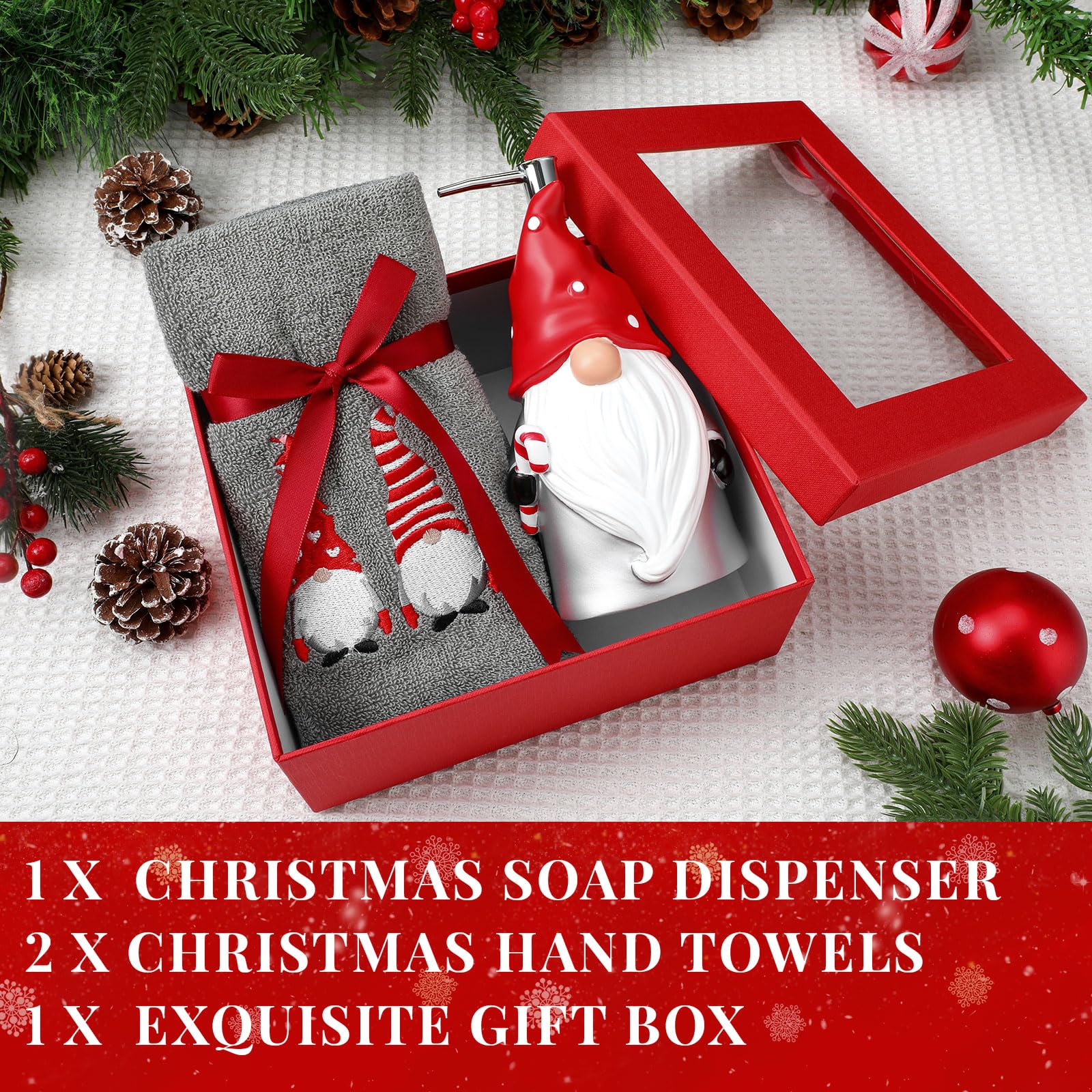 Christmas Soap Dispenser & Towel Set - 4pc Bathroom Decor (Red/White Gnome) for Holiday Home