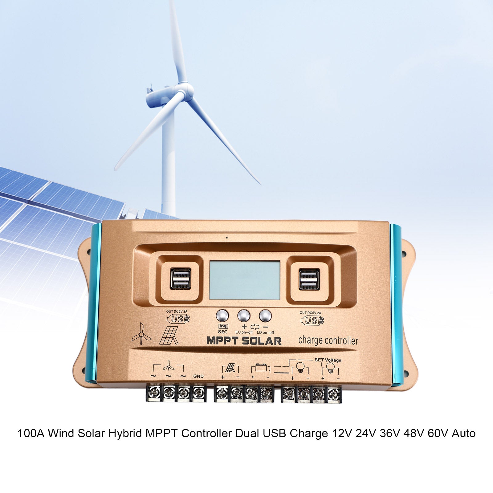 100A MPPT Solar Charge Controller with Dual USB Ports - 12V/24V/36V/48V/60V Auto-Switching for Wind & Solar Hybrid Systems - Perfect for Off-Grid Power, RV, Marine, and Home Backup Applications