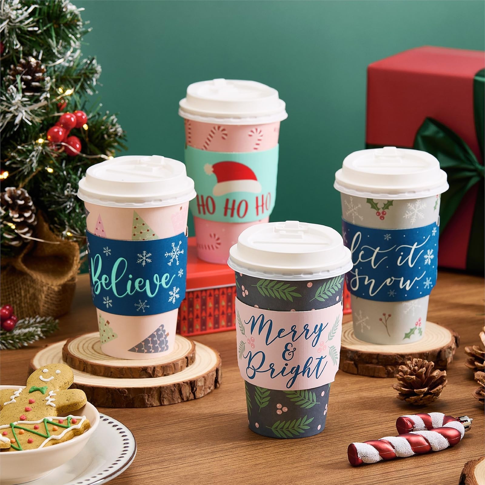 48-Piece Disposable Christmas Coffee Cups Set with Lids & Sleeves - 16oz Holiday Paper Cups for Tea, Coffee & Hot Cocoa - 4 Festive Xmas Designs - Perfect for Parties, Office Celebrations & Family Gatherings