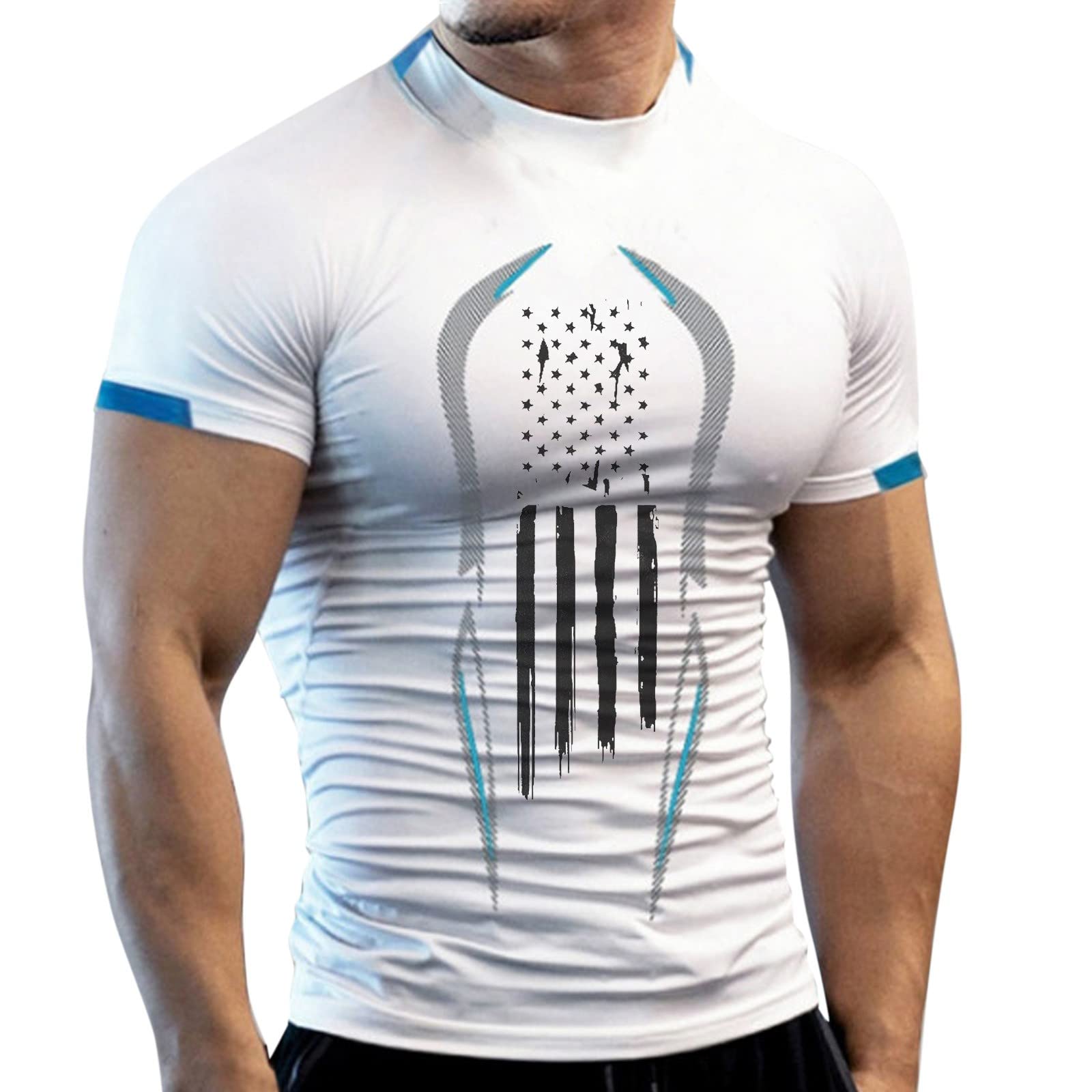 Men's T-Shirts Pack - Black & White Summer Short & Long Sleeve Shirts - High Elasticity Pattern Print Sports Tees for Gym, Running & Casual Wear