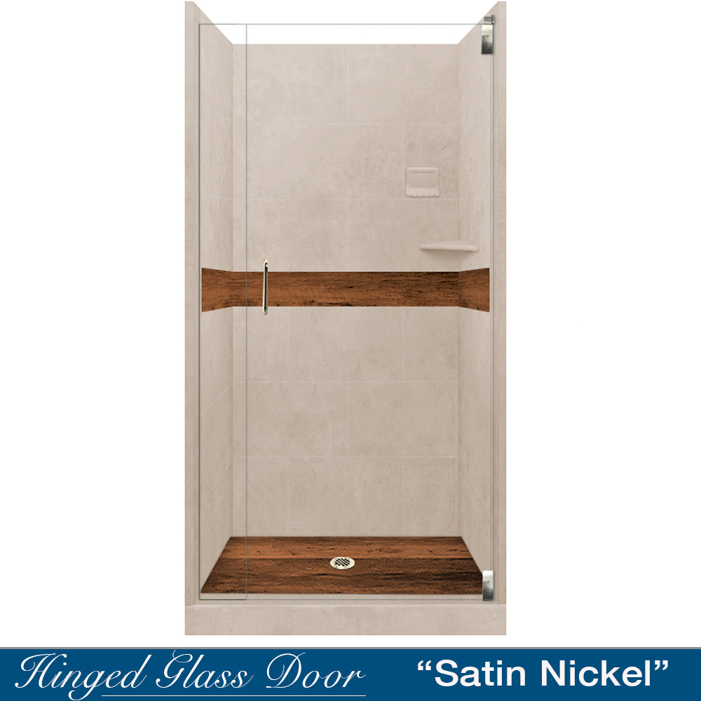 Alcove Brown Sugar Sistine Stone & Burnt Oak Wood Accent DIY Shower Remodel Kit - Waterproof Bathroom Wall Panel for Modern Home Renovation