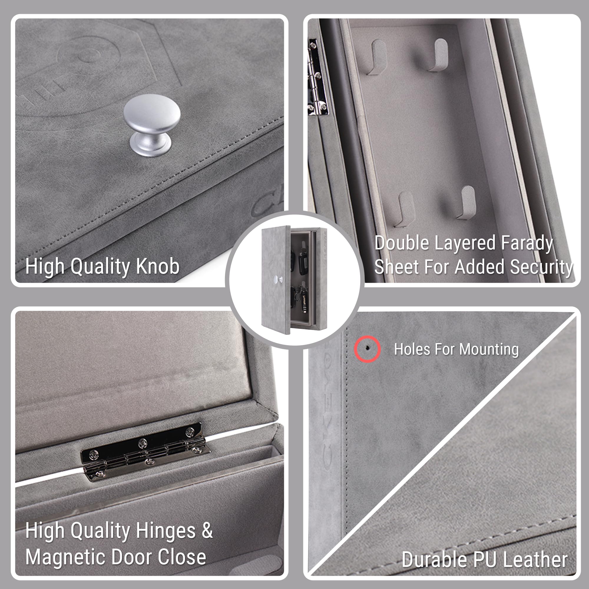 Premium XL PU Leather Faraday Box for Car Keys - Anti-Theft RFID Key Fob Protector & Signal Blocker | Wall Mount Car Key Holder | Secure Faraday Cage for Keyless Entry Protection (Grey) | Perfect for Home, Office & Travel to Prevent Car Hacking & Signal Theft