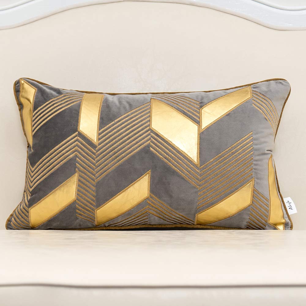 Alerfa 12x20 Inches Gray Geometric Gold Leather Striped Decorative Throw Pillow Covers - Modern Embroidery Cushion Cases for Sofa, Living Room, Bedroom & Car (30x50cm) - Perfect for Home Decor, Accent Pillows & Interior Design Styling