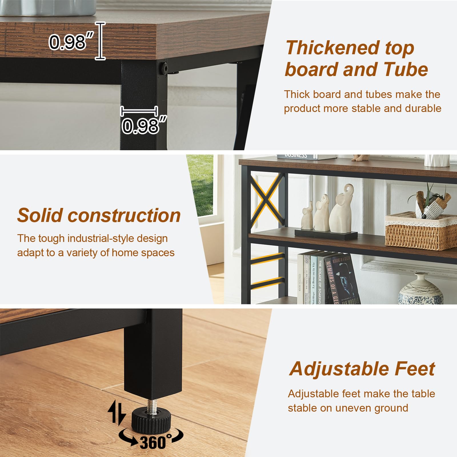 Industrial Rustic Sofa Table with Storage - 3-Tier Engineered Wood & Metal Console Table for Entryway, Living Room, Hallway - 47 Inch Brown Shelf for Home Decor & Organization