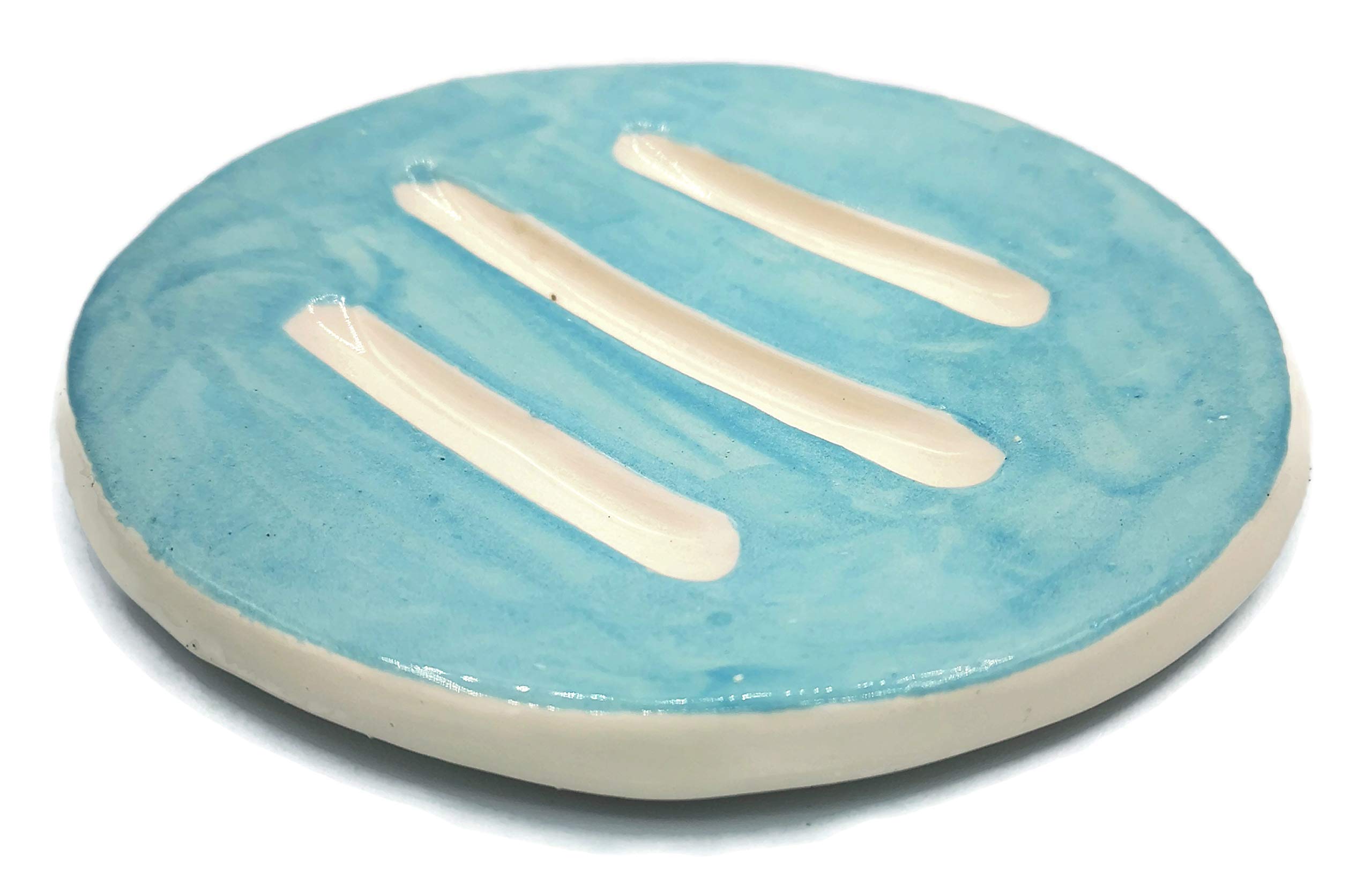 Ceramic Soap Dish and Sponge Holder for Bathroom or Kitchen - Turquoise Blue | Non-Slip Drainage Tray for Showers, Sinks, and Countertops