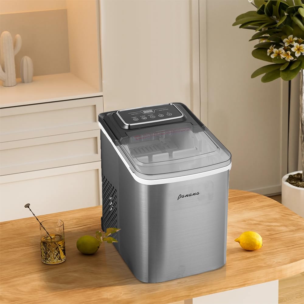 Panana Countertop Ice Maker Machine - 26lbs/24H, Makes 9 Ice Cubes in 7-10 Minutes, Automatic Portable Ice Maker with Handle, Scoop & Basket (Silver) - Perfect for Home, Office, Parties & Outdoor Activities