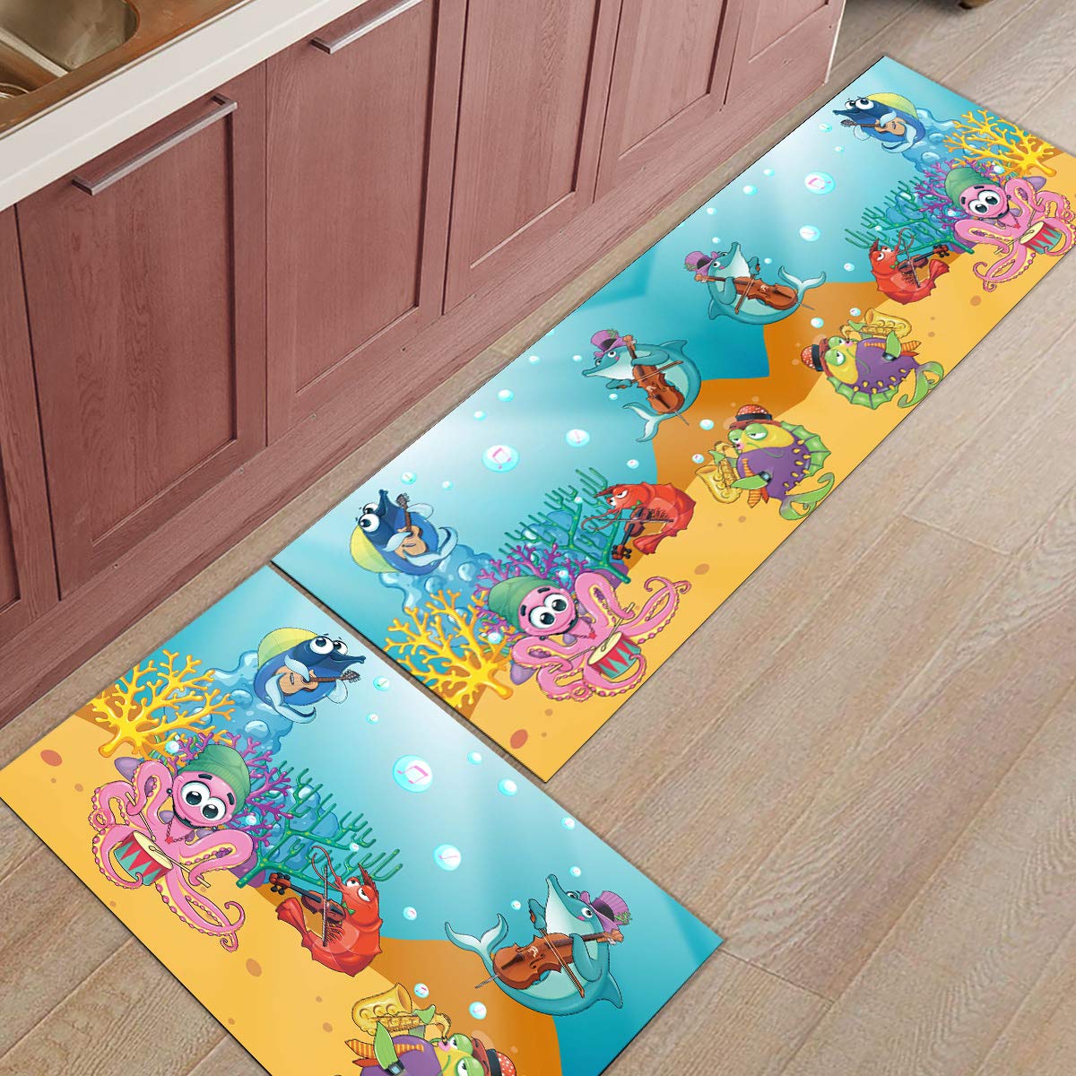 Non-Slip Kitchen Rug Set of 2 - Cartoon Sea Animals Design, Washable Floor Mats for Kitchen, Bathroom, and Entryway, Durable Runner Carpet for Home Decor