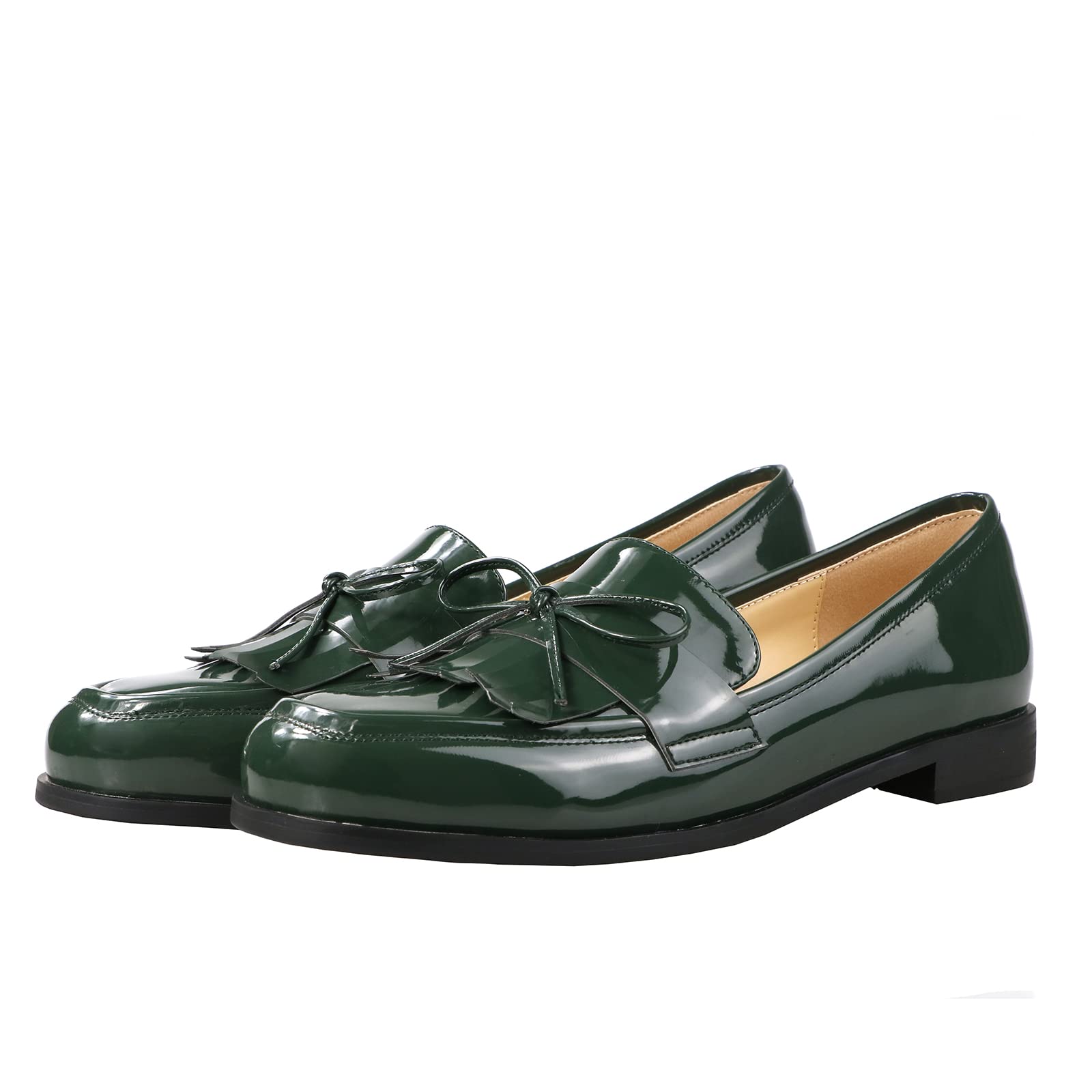 LEMUTISME Women's Fashion Patent Leather Loafers - Comfortable Slip-On Dress Shoes with Bow Knot & Tassel Detail, Round Toe Flat Pumps for Casual Wear, Size 10 Green | Perfect for Office, Party & Everyday Outfits
