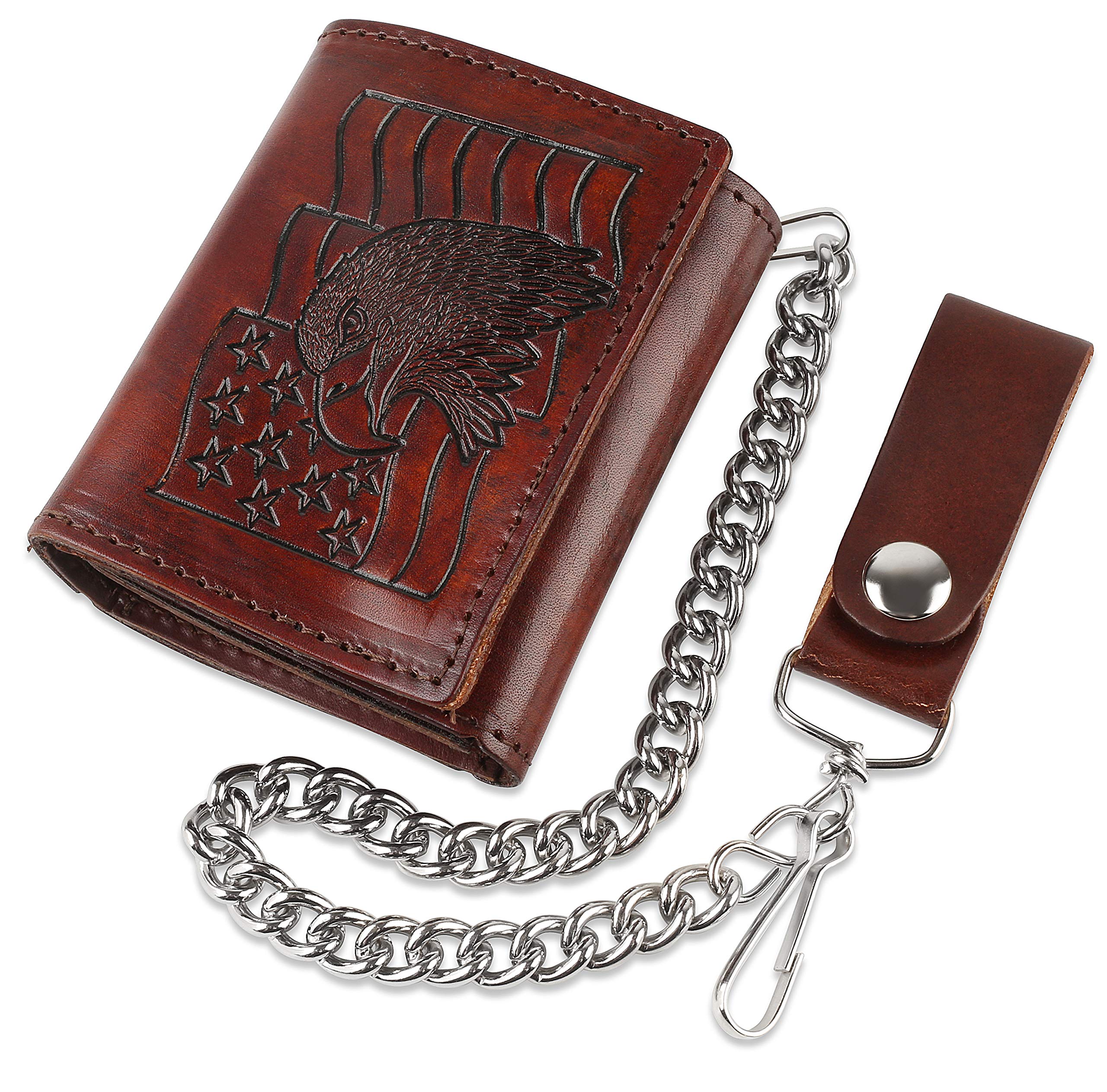 RFID Blocking Men's Vintage Biker Wallet - Genuine Cowhide Leather Tri-Fold Wallet with Steel Chain & Snap Closure - Made in USA - Perfect for Motorcycle Riders & Everyday Use (Brown, Flag/Eagle Design)