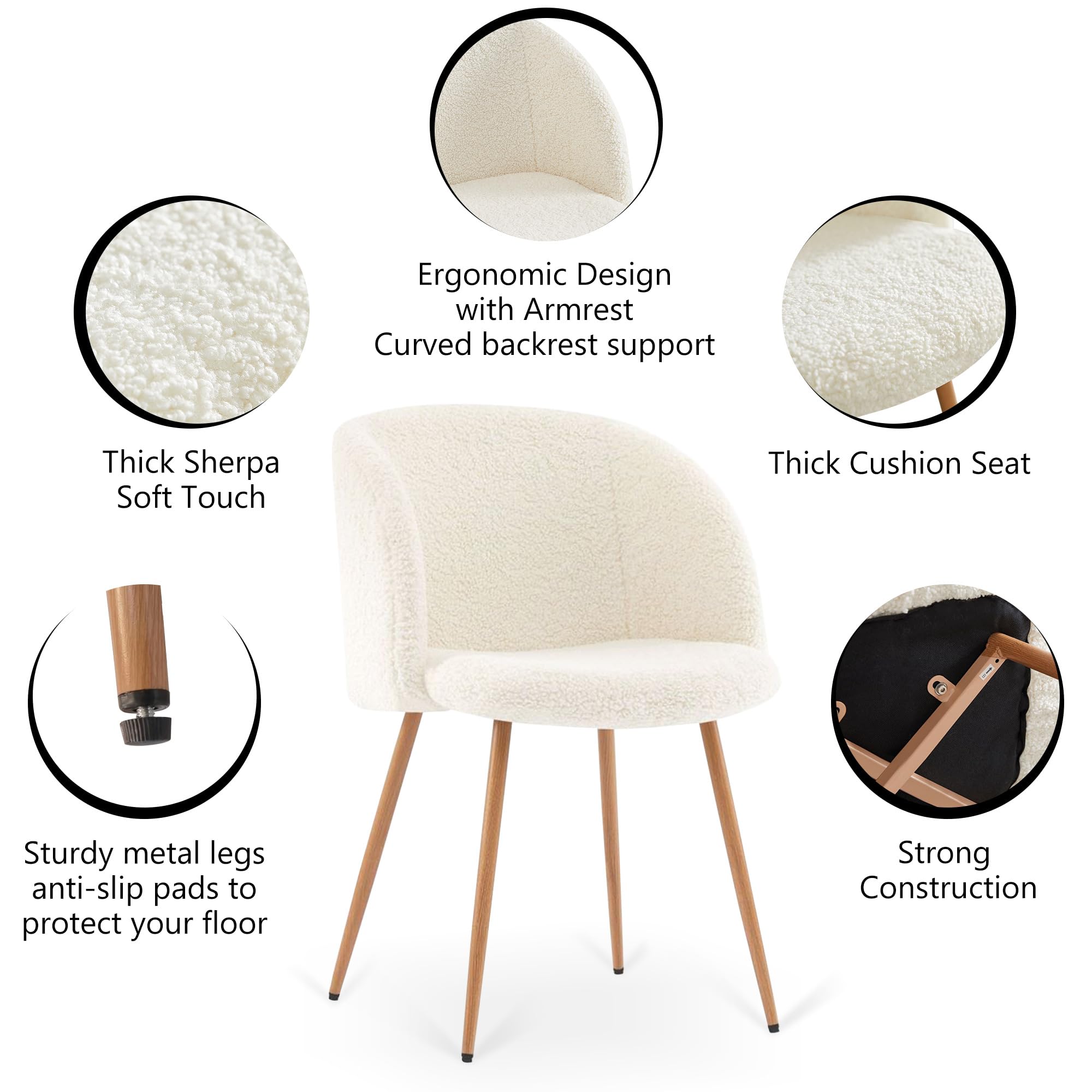 Nordicana Set of 2 Fuzzy Sherpa Accent Chairs - Barrel Back Faux Fur Upholstered Armchairs with Wood Grain Metal Legs for Dining & Living Room - Cozy Home Decor (Off White) - Perfect for Reading Nooks, Lounge Areas & Farmhouse Style Interiors