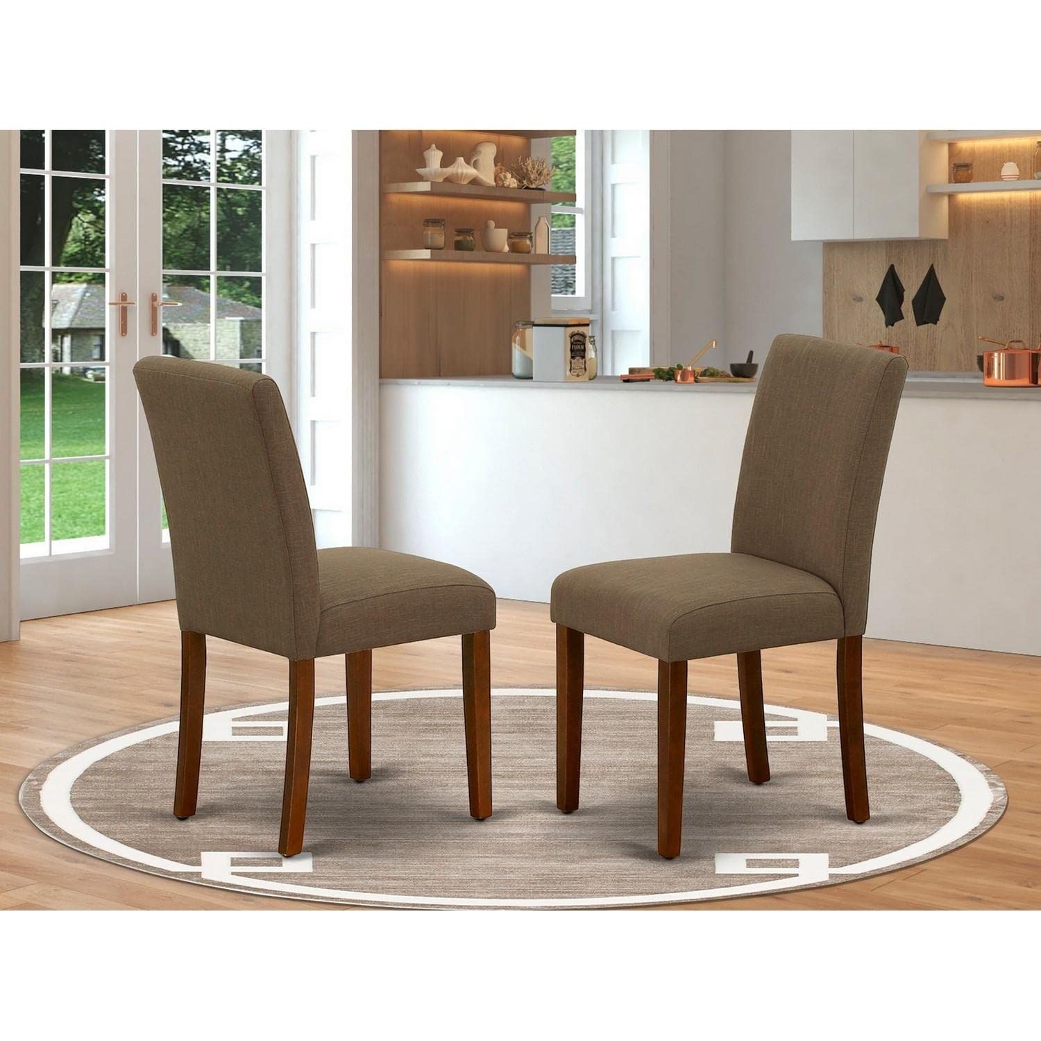 East West Furniture ABP3T18 Abbott Parson Dining Chairs - Set of 2 Mahogany Wood Upholstered Chairs with Coffee Linen Fabric Cushions | Elegant Dining Room Seating for Home, Restaurant, or Office