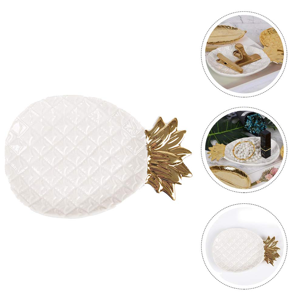 PRETYZOOM Ceramic Jewelry Display Dish with Gold Trim - Pineapple Shaped Ring Holder, Mini Jewelry Organizer Plate for Travel, White Ceramic Tray for Rings, Earrings & Small Accessories - Perfect for Vanity, Bathroom Counter, Dresser Top & Gift Giving