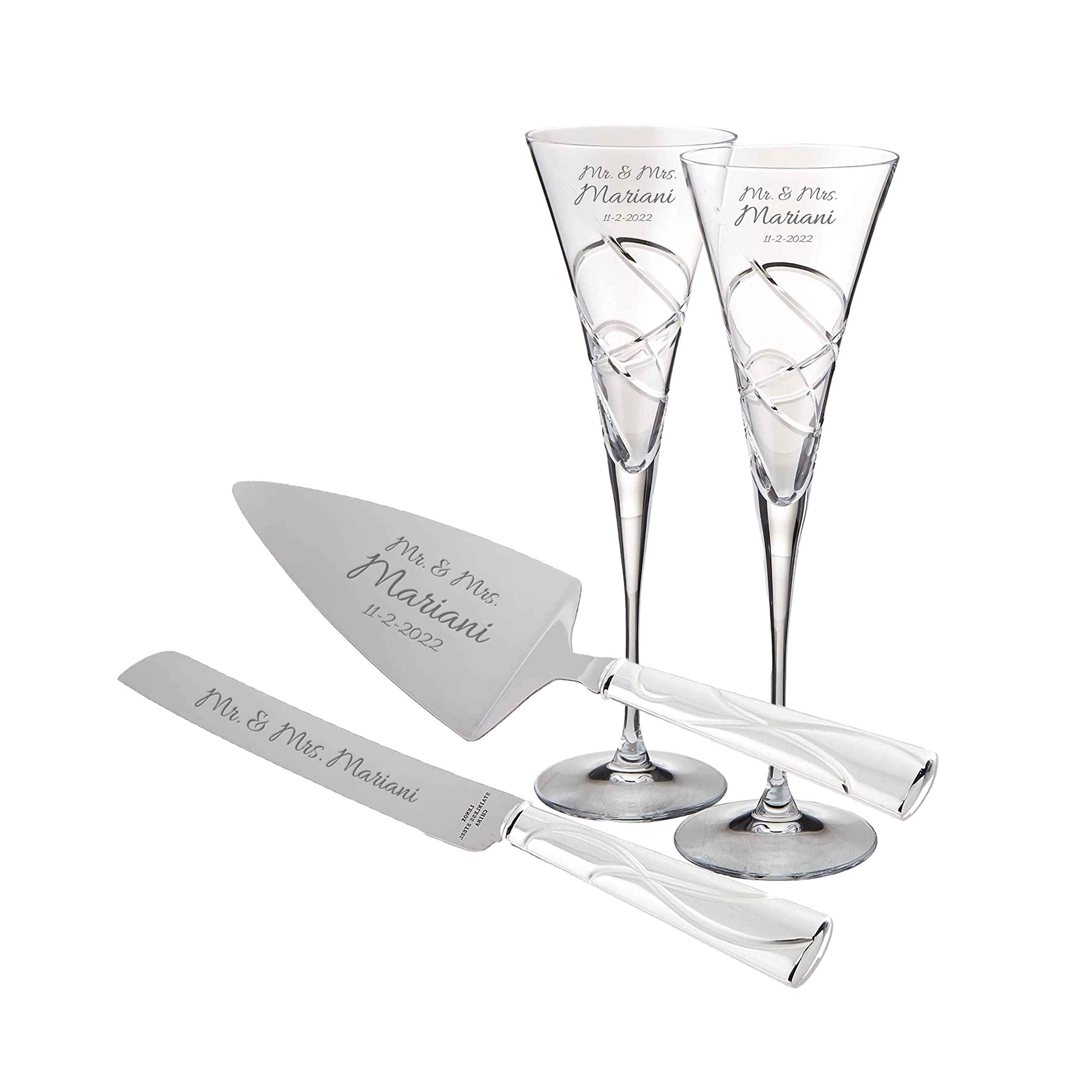Lenox Bridal Personalized Wedding Cake Knife & Server Set with Engraved Champagne Flutes - Custom Monogrammed Cake Cutting Set for Bridal Showers, Weddings & Anniversaries