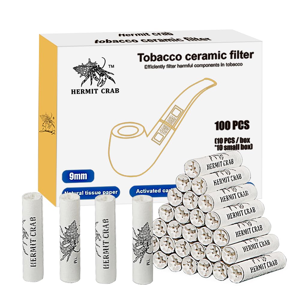 Premium 9mm Activated Carbon Tobacco Pipe Filters with Dual Ceramic Caps & Absorbent Paper | 100 Filters per Box | Ideal for Pipe Smoking, Hermit Crab Accessories & Smoking Enthusiasts | Perfect for Home Use, Travel & Relaxation