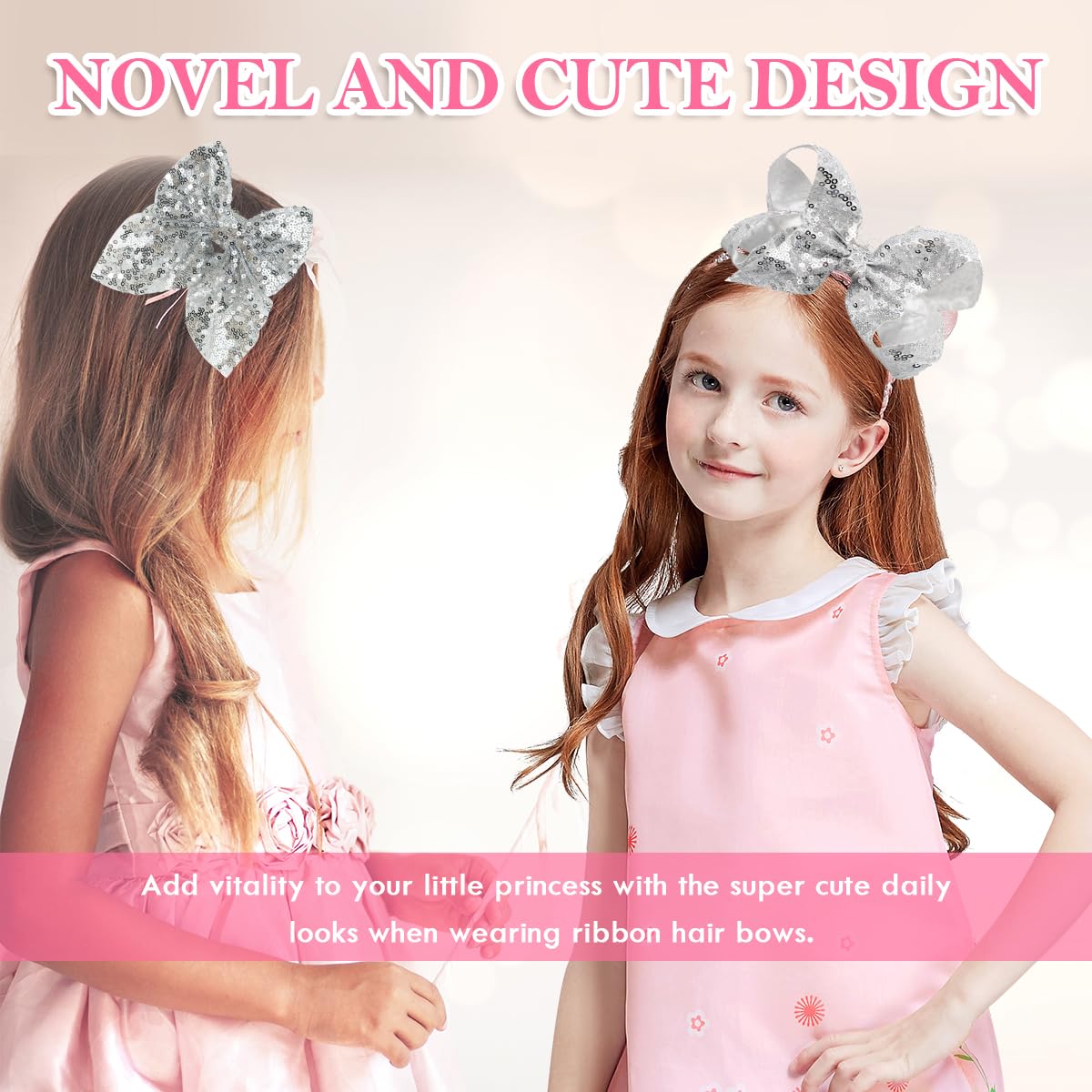 Aaiffey Sparkly Sequin Glitter Hair Bows for Girls - 4PCS Pink Alligator Clip Hair Accessories for Toddlers, Kids & Teens | Perfect for Parties, School, and Everyday Wear