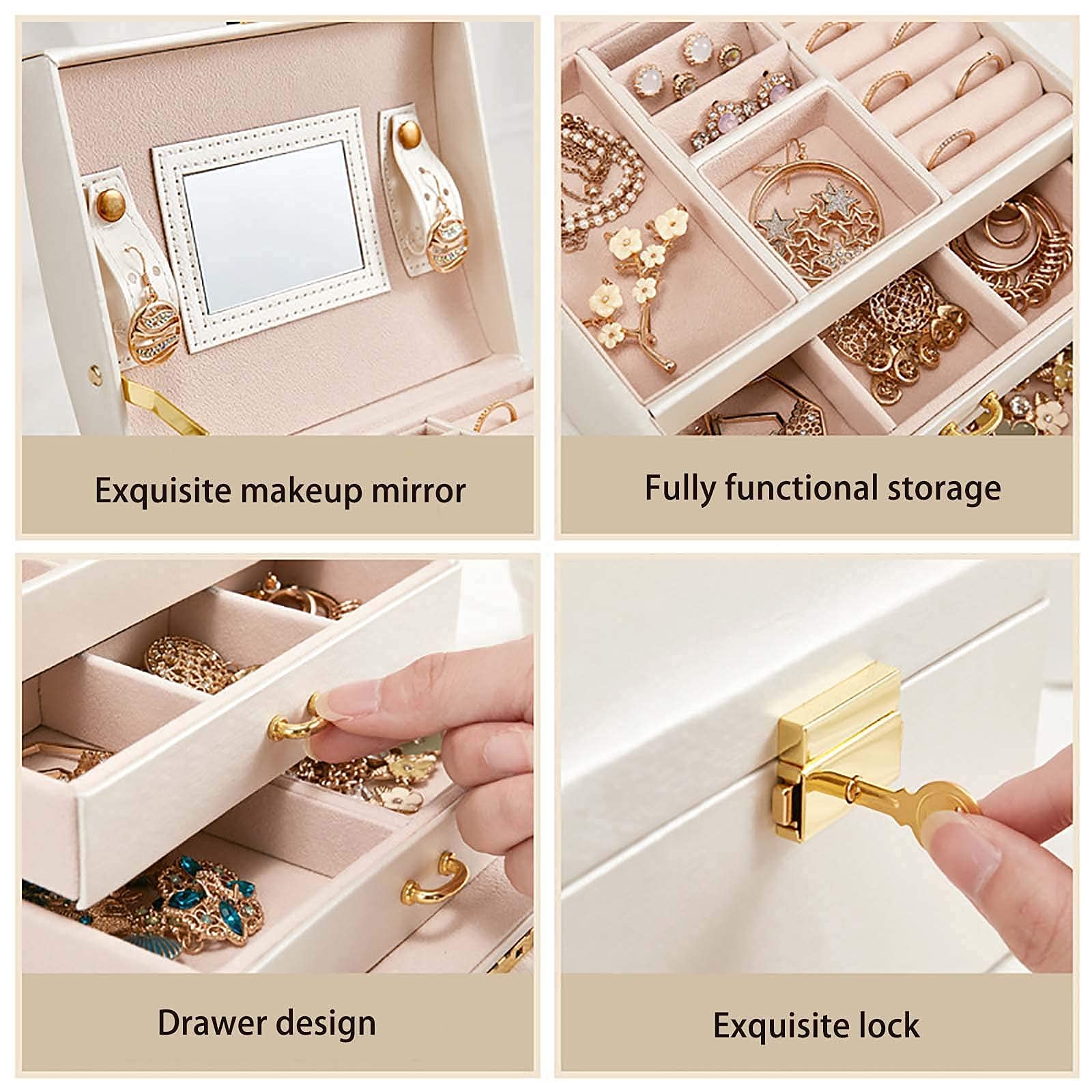 Premium PU Leather Jewelry Box with Mirror & Lock - 2 Drawers & 3 Layers Velvet Organizer for Rings, Bracelets, Earrings, Necklaces - Perfect Gift for Women - Ideal for Travel, Home Storage & Wedding Accessories (White)