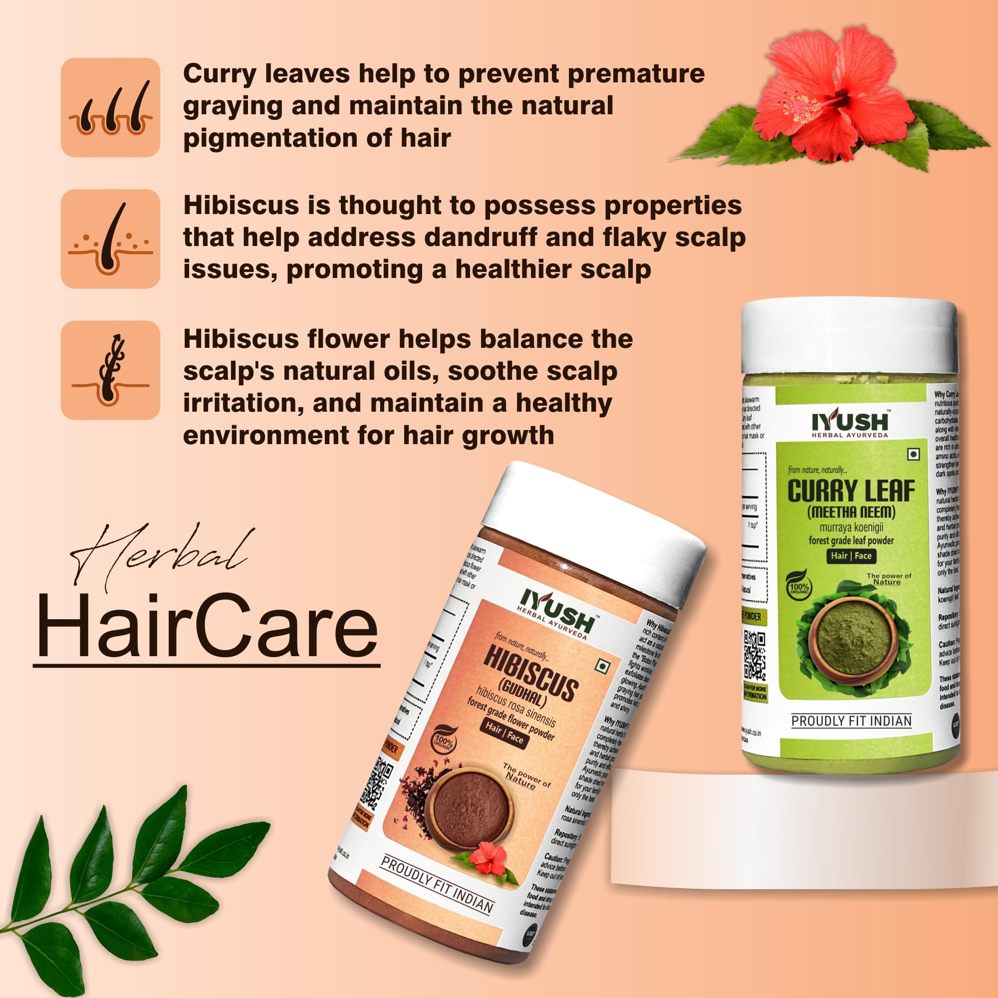 IYUSH Ayurvedic Curry Leaves Powder & Hibiscus Powder for Hair Growth – 200g | Natural Hair Mask for Dry, Frizzy Hair & Volume Boost | Herbal Hair Treatment for Stronger, Healthier Hair | Perfect for DIY Hair Care & Scalp Nourishment at Home