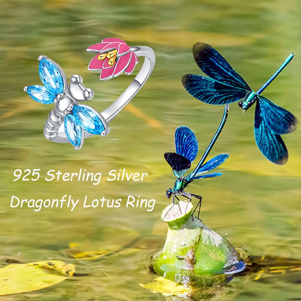 925 Sterling Silver Dragonfly Lotus Adjustable Open Ring - Elegant Boho Jewelry Gift for Women, Perfect for Weddings, Parties & Everyday Wear