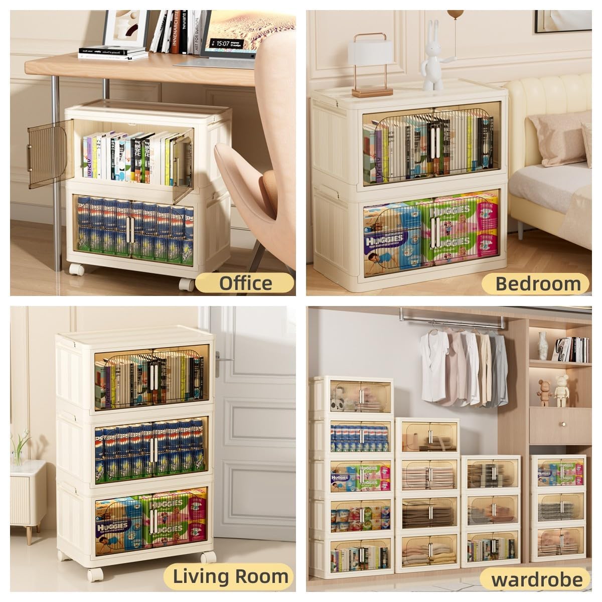 Wookon 4-Tier Storage Bins with Wheels - 277 Quart Plastic Storage Containers | Beige Collapsible Closet Organizer | Magnetic Dual Open Design for Home, Garage & Office Organization