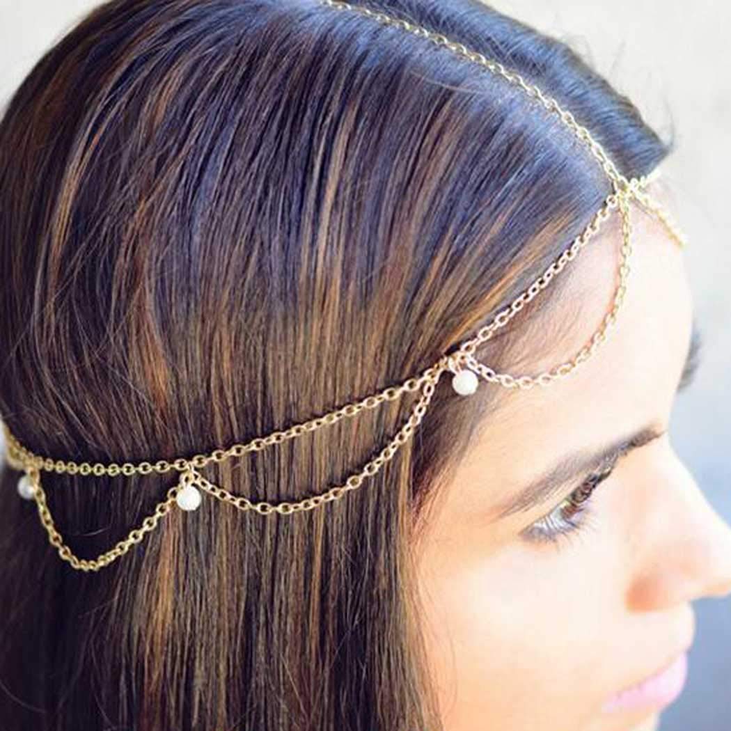 Gold Pearl Head Chain Jewelry - Boho Festival Hair Accessories for Women & Girls - Perfect for Music Festivals, Weddings & Bohemian Style Outfits