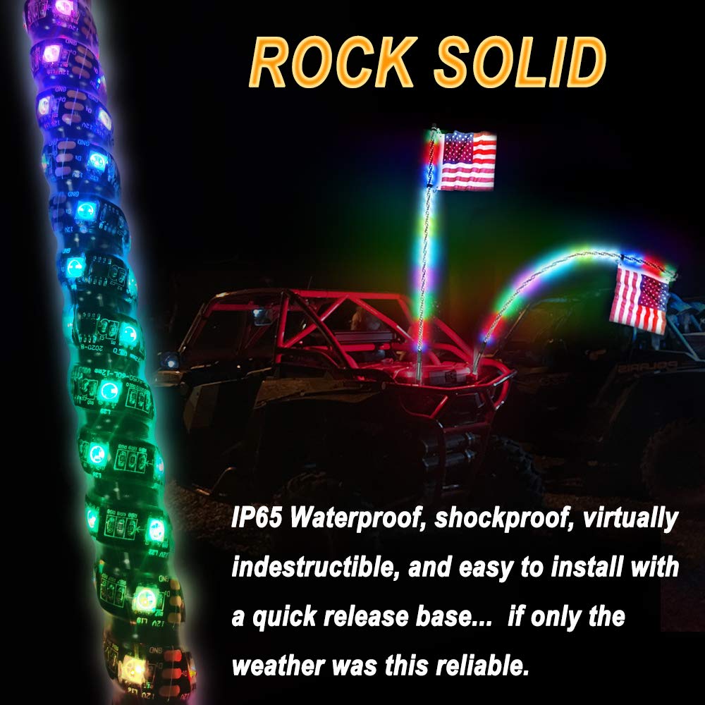 2PCS 4FT(1.2M) RF Remote Control RGB LED Whip Lights with Dancing/Chasing Effects - Waterproof LED Antenna Lights for Off-Road Vehicles, ATV, UTV, RZR, Jeep, Trucks - Perfect for Night Rides, Dune Bashing & Outdoor Adventures