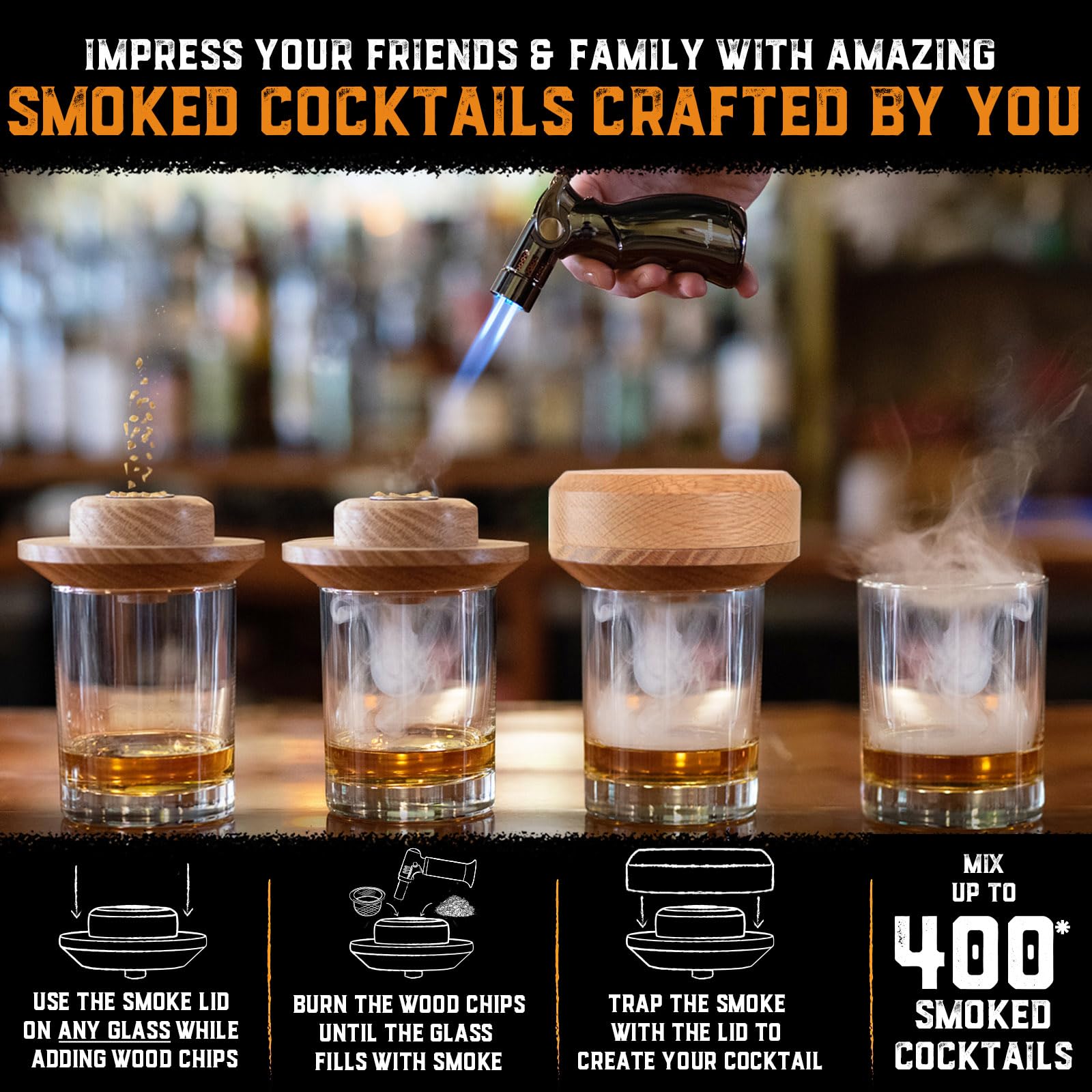 Premium Whiskey Cocktail Smoker Kit with Torch & 8 Flavored Wood Chips - American Oak Cocktail Smoker for Old Fashioned & Bourbon Drinks - Butane Included - Perfect for Home Bars, Gifts for Men & Cocktail Enthusiasts