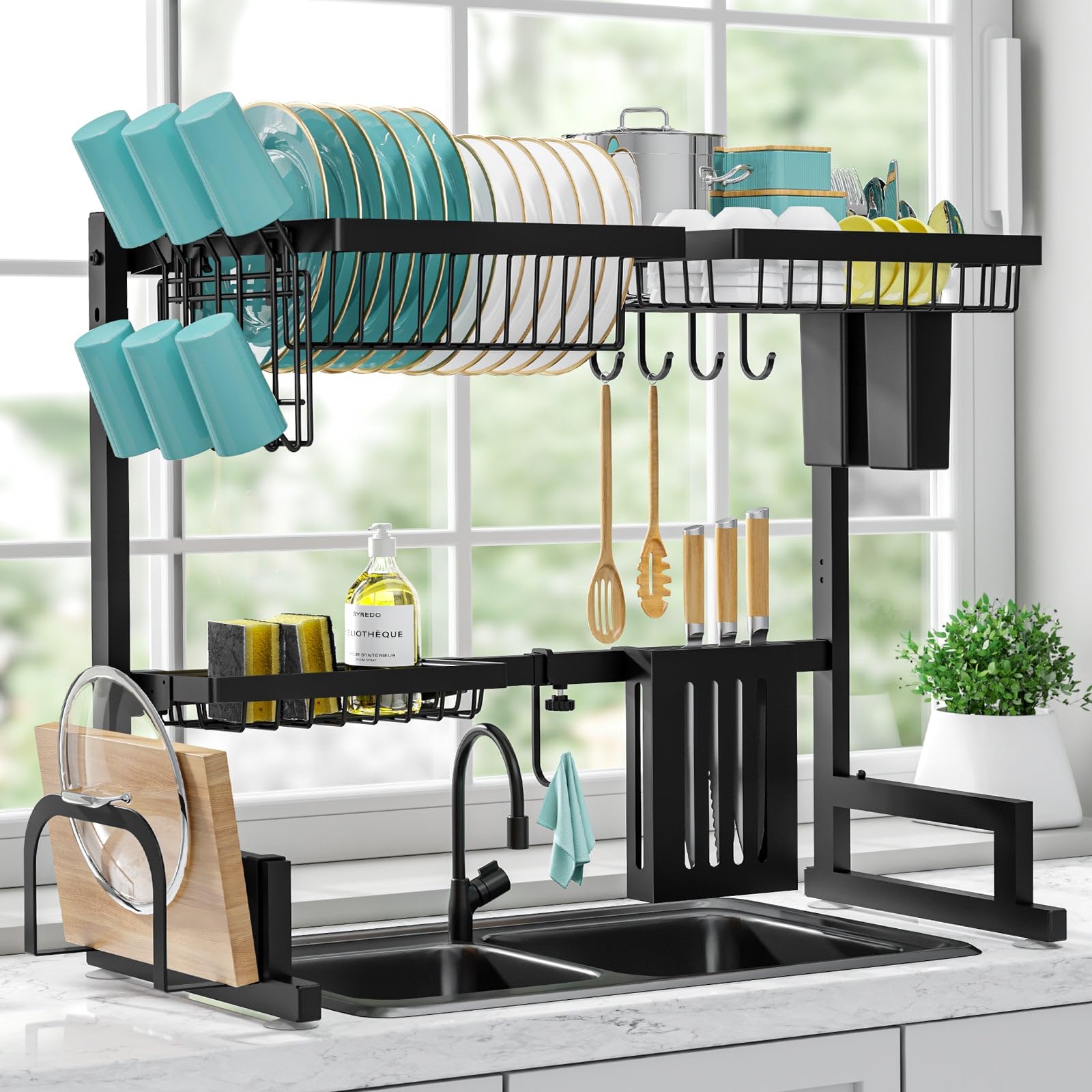 Sakugi Over Sink Dish Drying Rack - Adjustable 23.6-35 Inch, 2-Tier Stainless Steel Kitchen Counter Organizer | Space Saving Black Dish Rack for Small Kitchens | Perfect for Drying Dishes, Cups & Utensils by the Sink